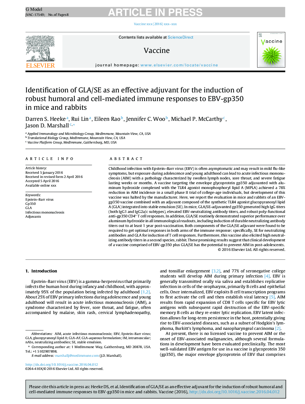 Identification of GLA/SE as an effective adjuvant for the induction of robust humoral and cell-mediated immune responses to EBV-gp350 in mice and rabbits