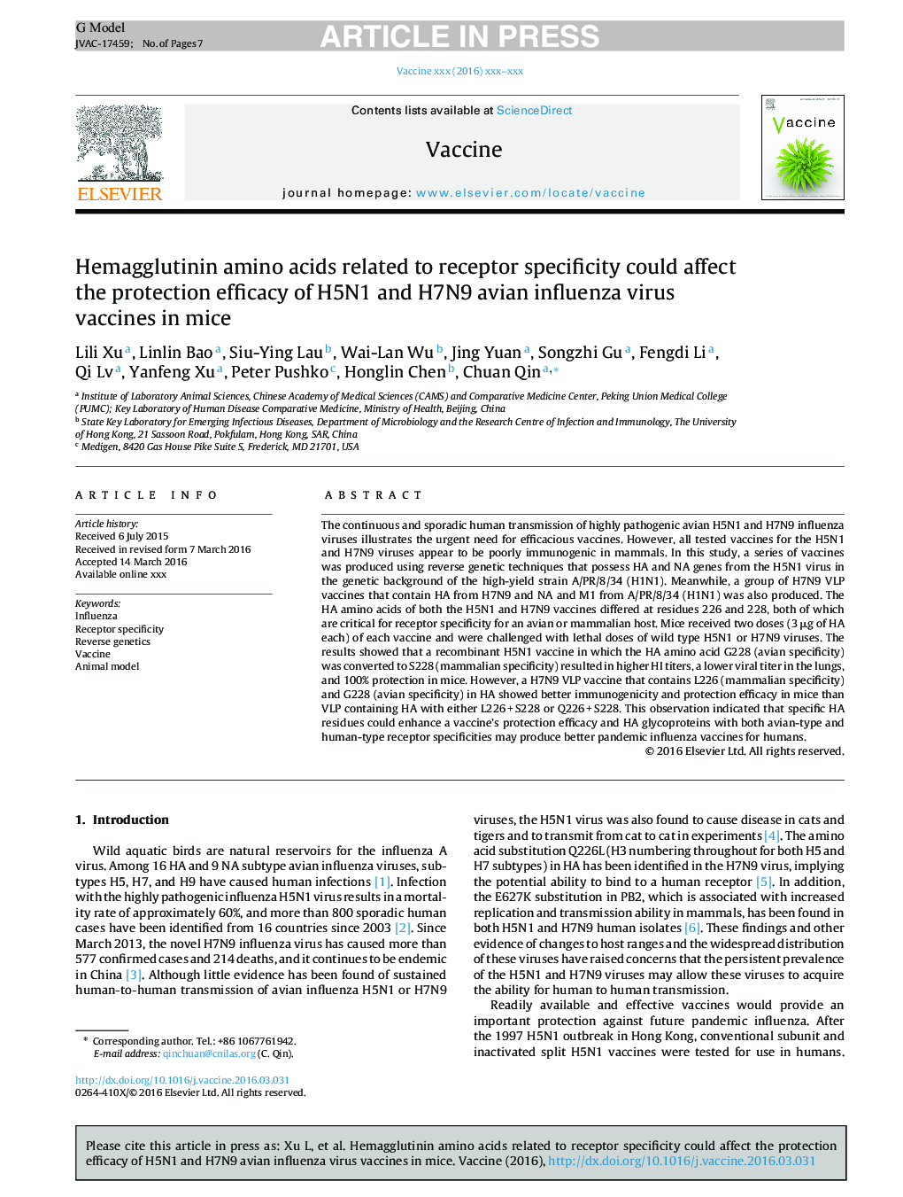 Hemagglutinin amino acids related to receptor specificity could affect the protection efficacy of H5N1 and H7N9 avian influenza virus vaccines in mice