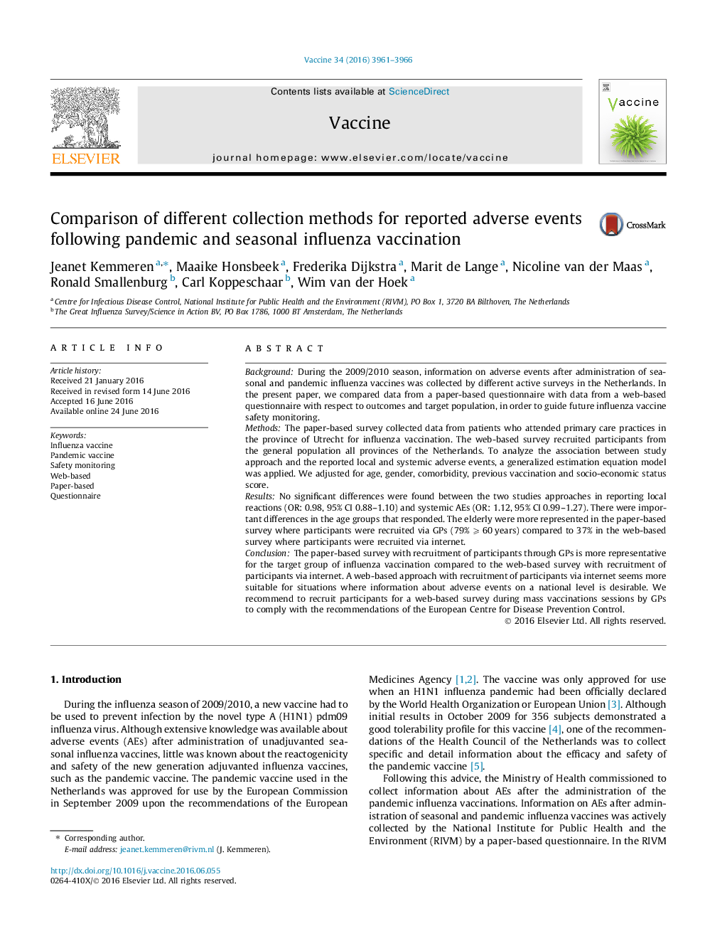 Comparison of different collection methods for reported adverse events following pandemic and seasonal influenza vaccination