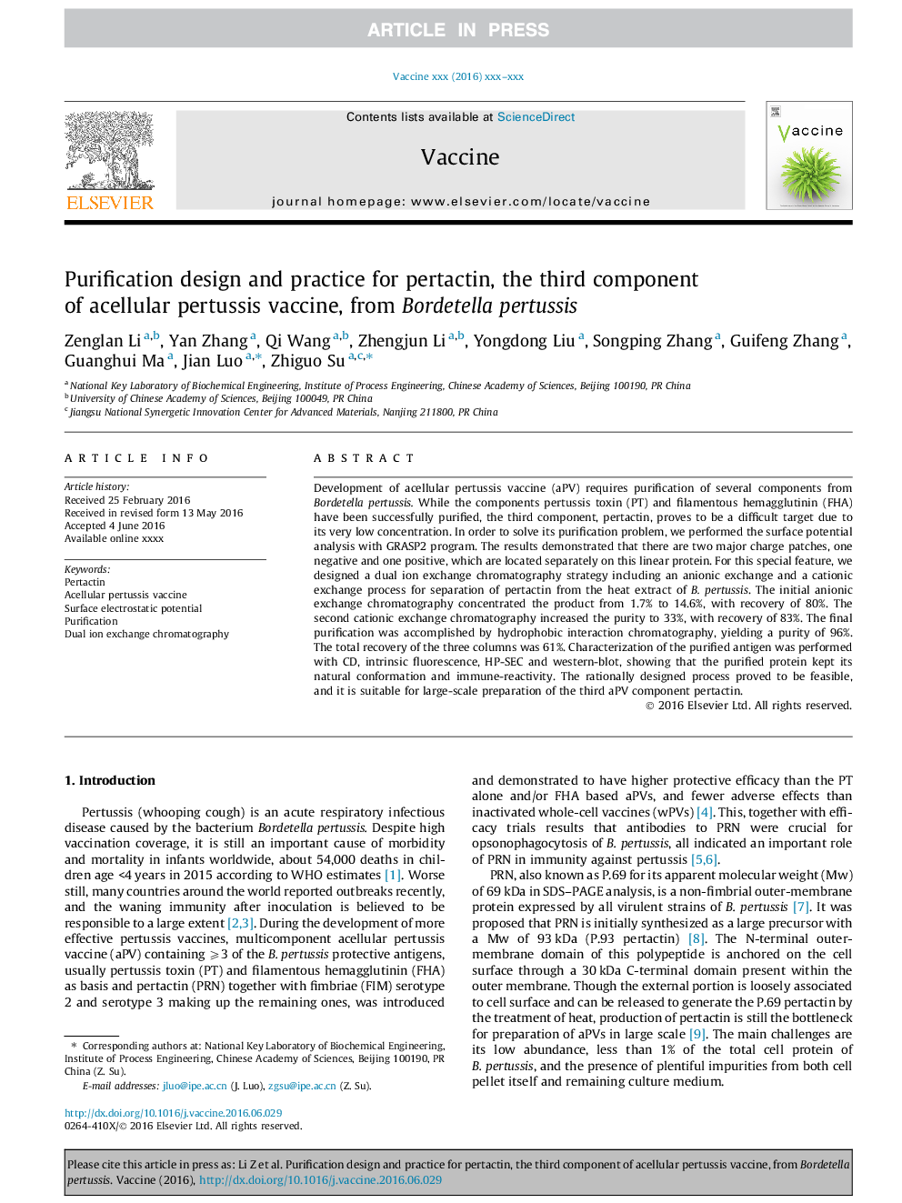 Purification design and practice for pertactin, the third component of acellular pertussis vaccine, from Bordetella pertussis