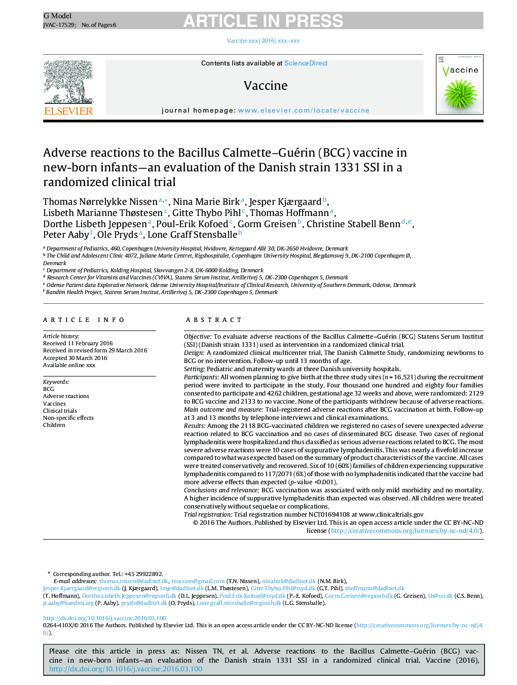 Adverse reactions to the Bacillus Calmette-Guérin (BCG) vaccine in new-born infants-an evaluation of the Danish strain 1331 SSI in a randomized clinical trial