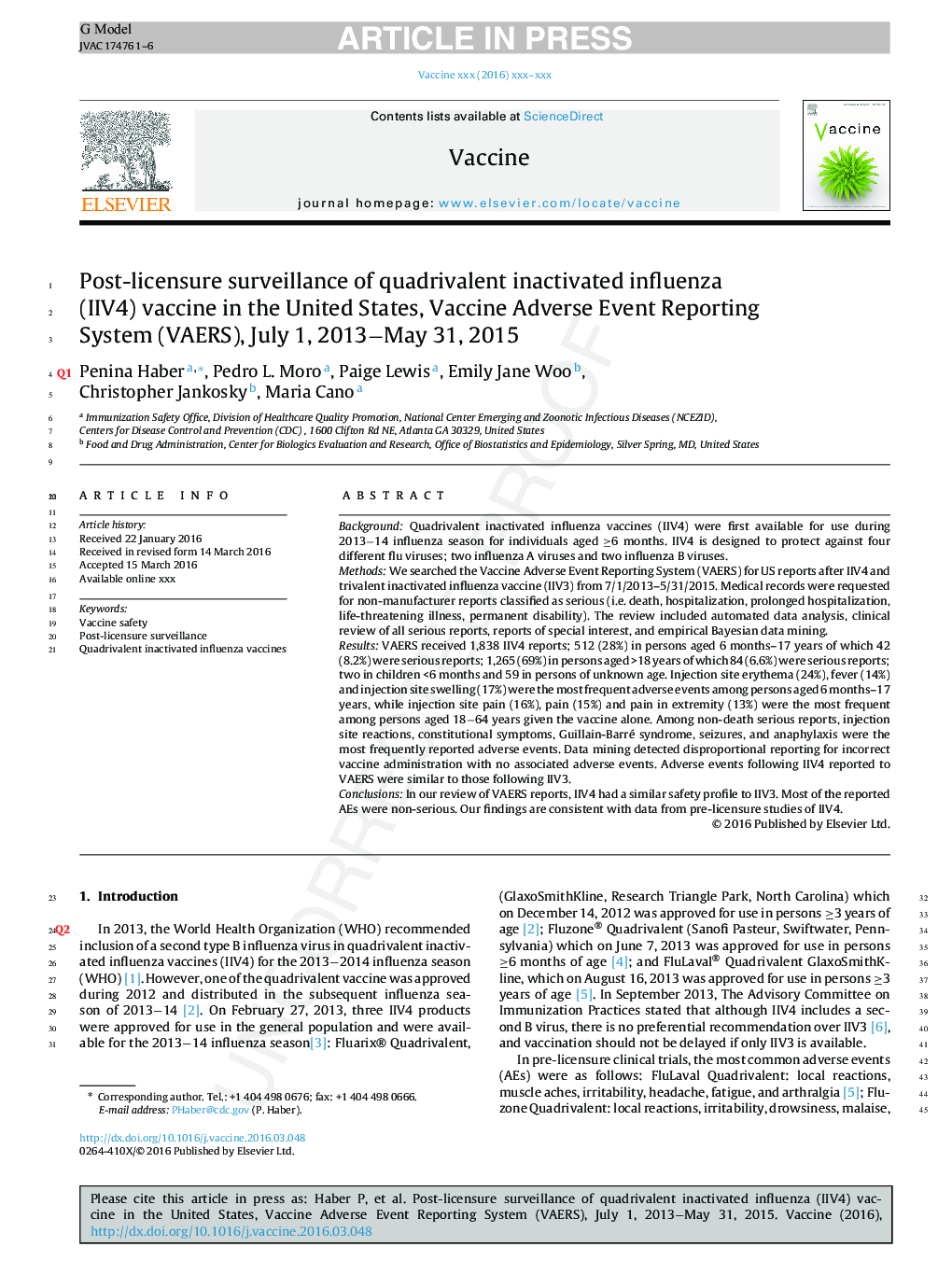 Post-licensure surveillance of quadrivalent inactivated influenza (IIV4) vaccine in the United States, Vaccine Adverse Event Reporting System (VAERS), July 1, 2013âMay 31, 2015