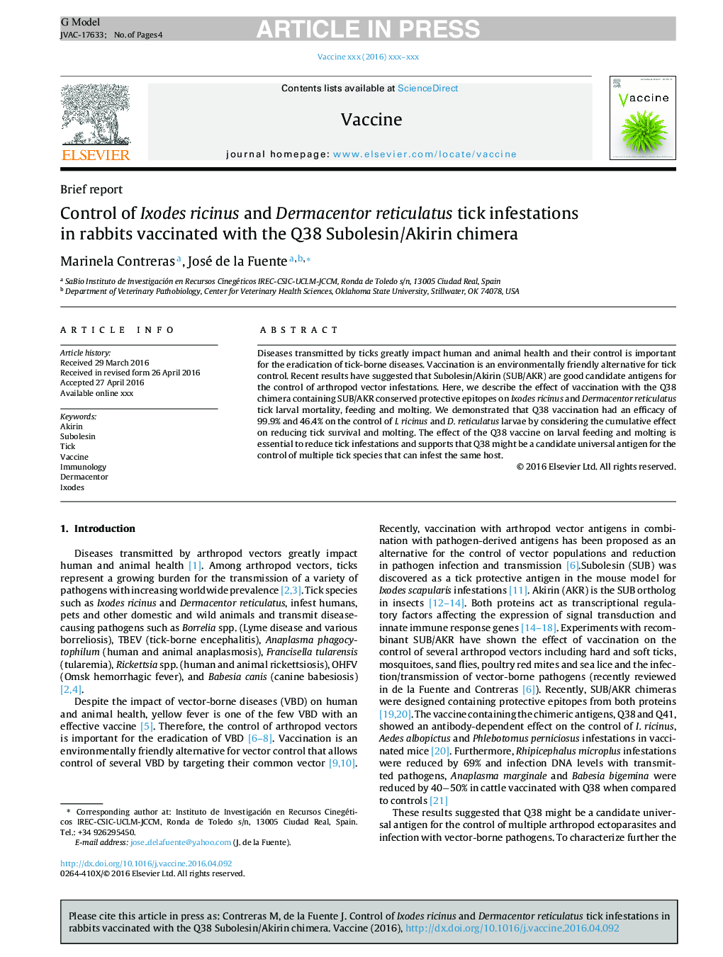 Control of Ixodes ricinus and Dermacentor reticulatus tick infestations in rabbits vaccinated with the Q38 Subolesin/Akirin chimera