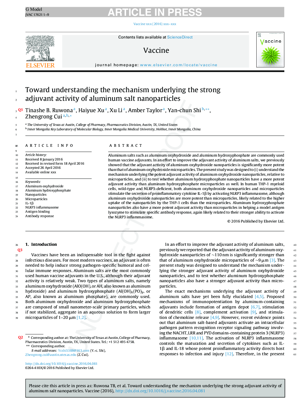 Toward understanding the mechanism underlying the strong adjuvant activity of aluminum salt nanoparticles