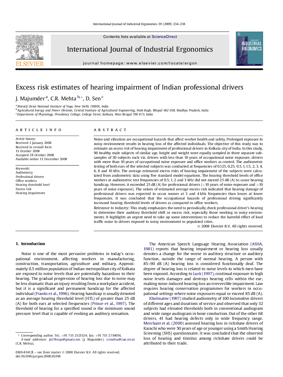 Excess risk estimates of hearing impairment of Indian professional drivers