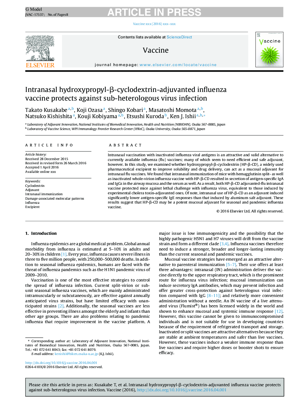 Intranasal hydroxypropyl-Î²-cyclodextrin-adjuvanted influenza vaccine protects against sub-heterologous virus infection