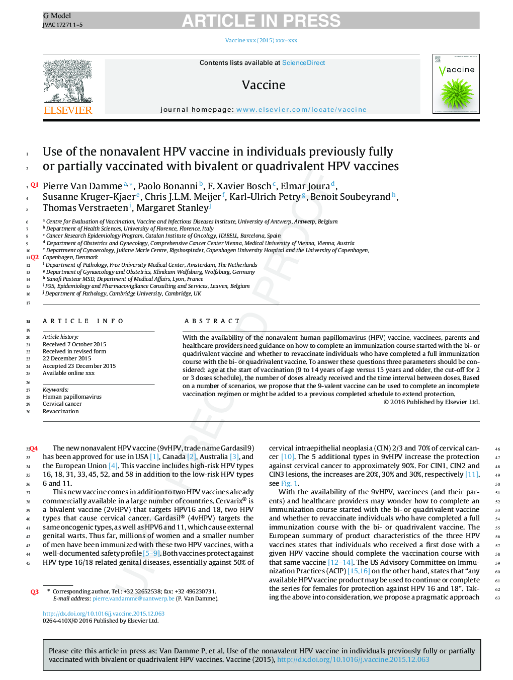 Use of the nonavalent HPV vaccine in individuals previously fully or partially vaccinated with bivalent or quadrivalent HPV vaccines