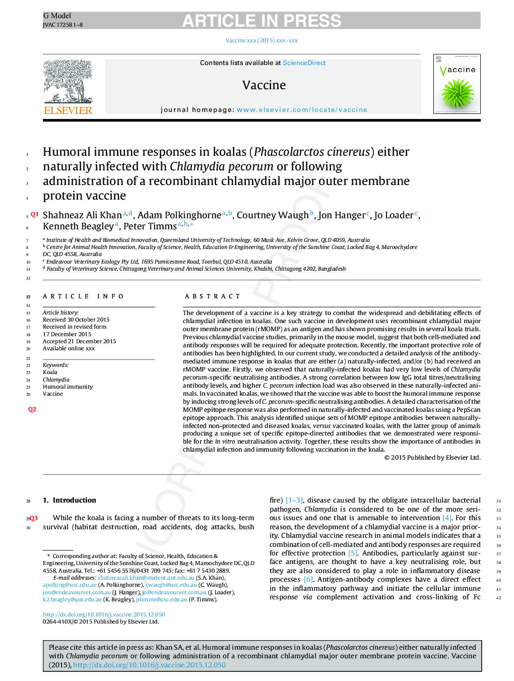 Humoral immune responses in koalas (Phascolarctos cinereus) either naturally infected with Chlamydia pecorum or following administration of a recombinant chlamydial major outer membrane protein vaccine