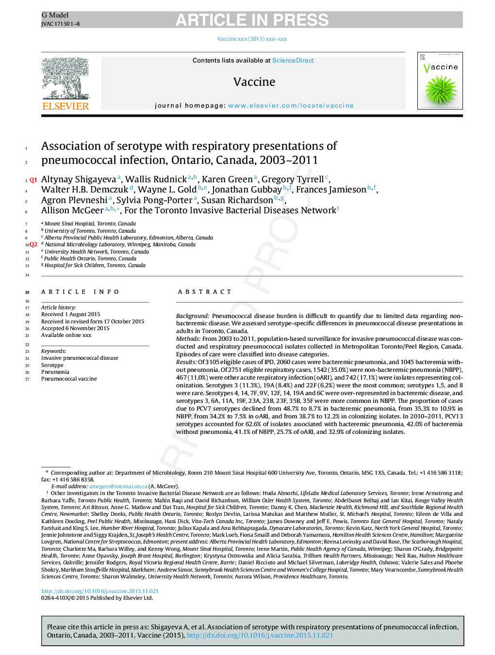 انجمن سروتایپ با ارائه تنفس عفونت پنوموکوک، انتاریو، کانادا، 2003-2011 