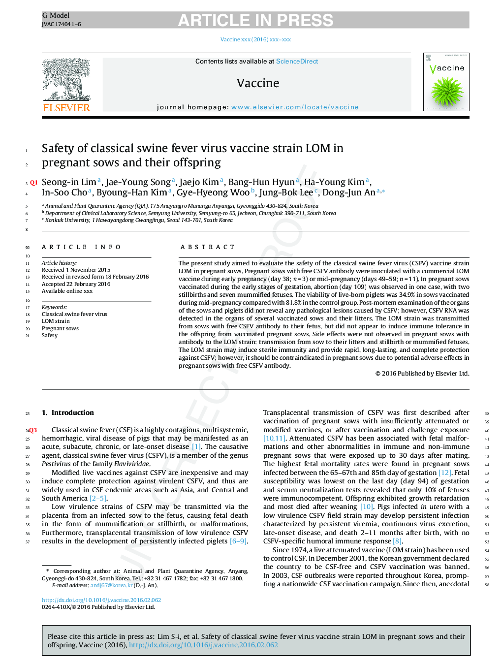 Safety of classical swine fever virus vaccine strain LOM in pregnant sows and their offspring