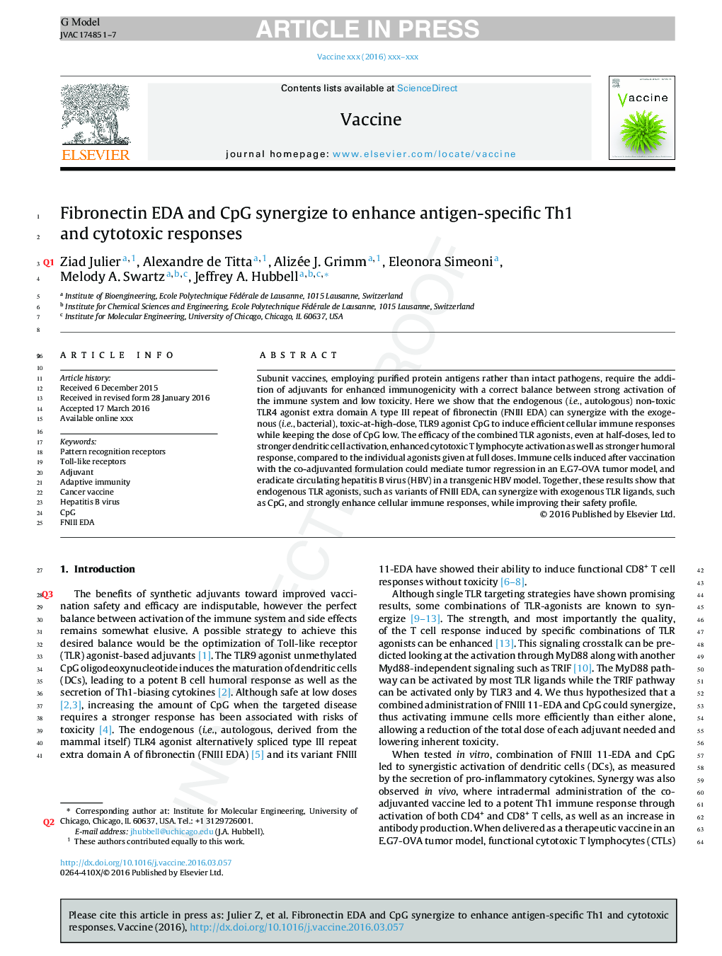 Fibronectin EDA and CpG synergize to enhance antigen-specific Th1 and cytotoxic responses