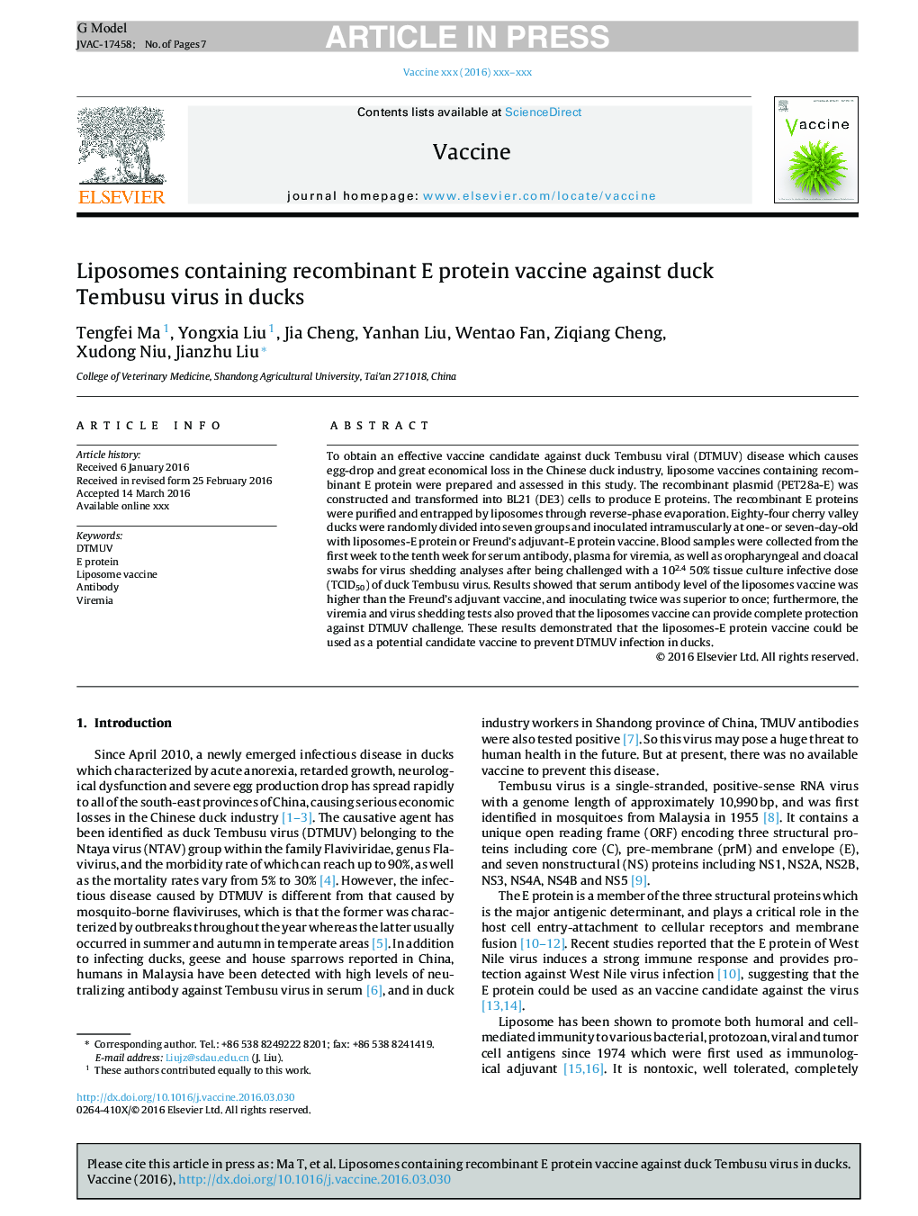 Liposomes containing recombinant E protein vaccine against duck Tembusu virus in ducks