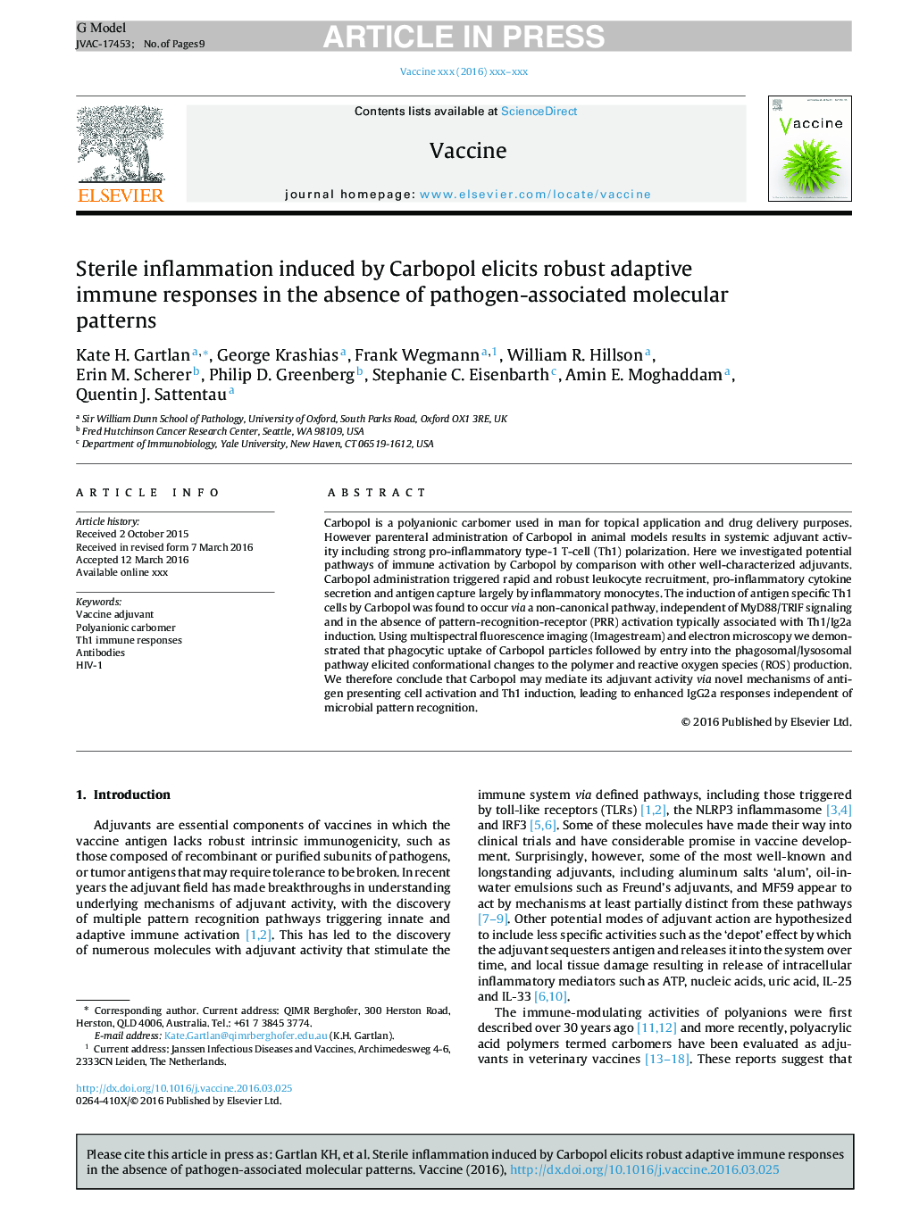 التهاب استریل ناشی از کربوپول در پاسخ به واکنش های ایمنی سازگار قوی در غیاب الگوهای مولکولی مرتبط با پاتوژن 