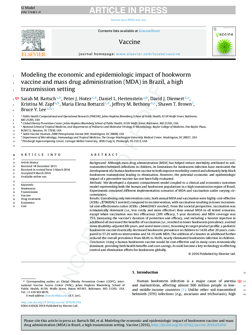 Modeling the economic and epidemiologic impact of hookworm vaccine and mass drug administration (MDA) in Brazil, a high transmission setting