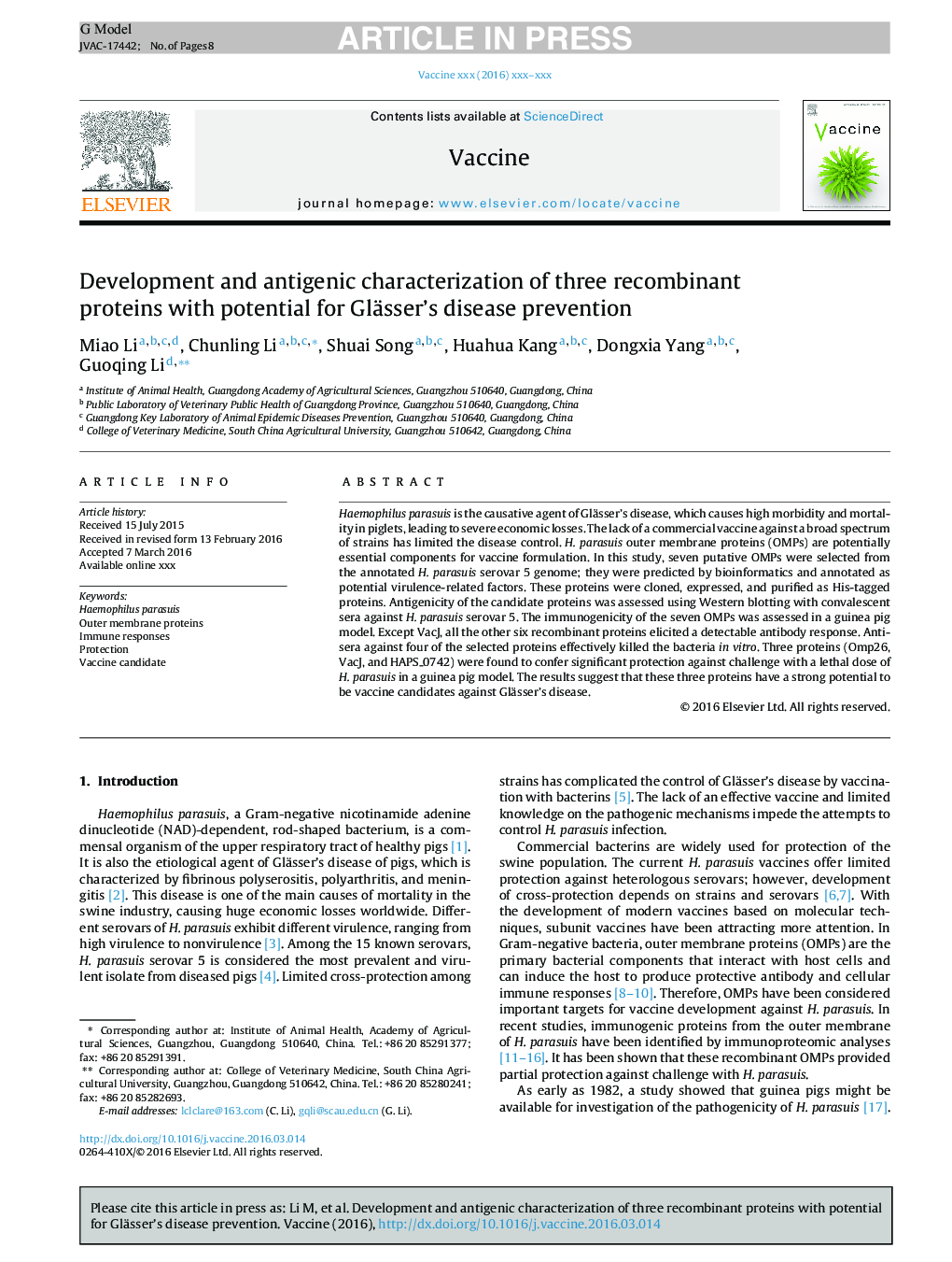 Development and antigenic characterization of three recombinant proteins with potential for Glässer's disease prevention