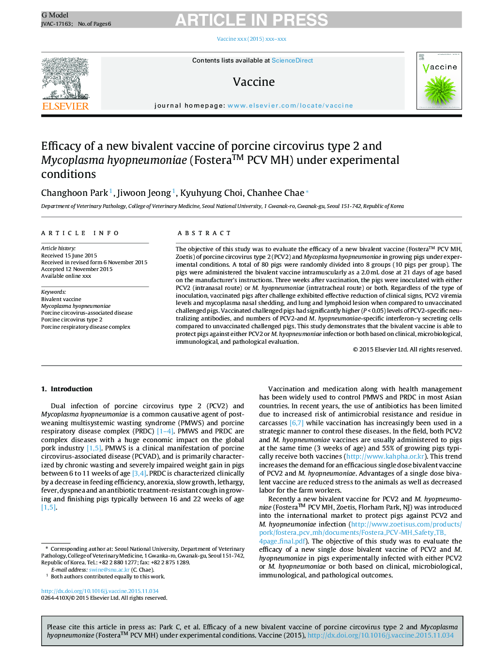 Efficacy of a new bivalent vaccine of porcine circovirus type 2 and Mycoplasma hyopneumoniae (Fosteraâ¢ PCV MH) under experimental conditions