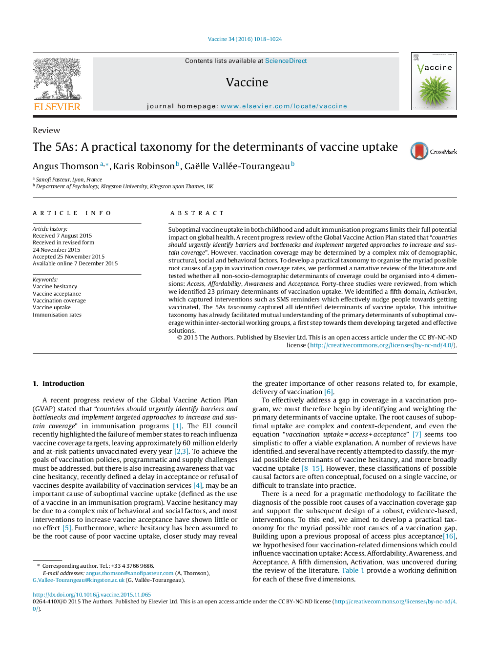 The 5As: A practical taxonomy for the determinants of vaccine uptake