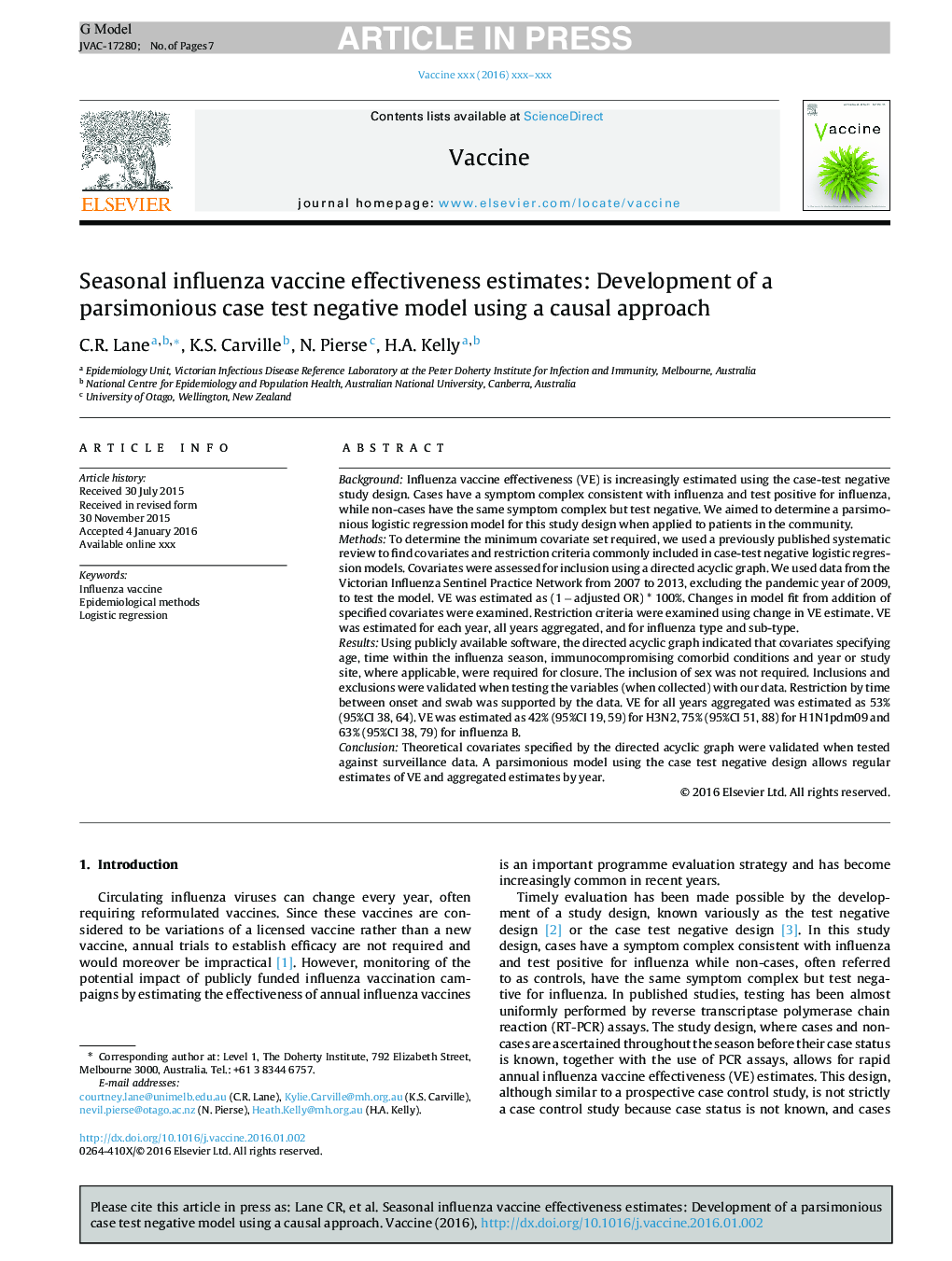 Seasonal influenza vaccine effectiveness estimates: Development of a parsimonious case test negative model using a causal approach