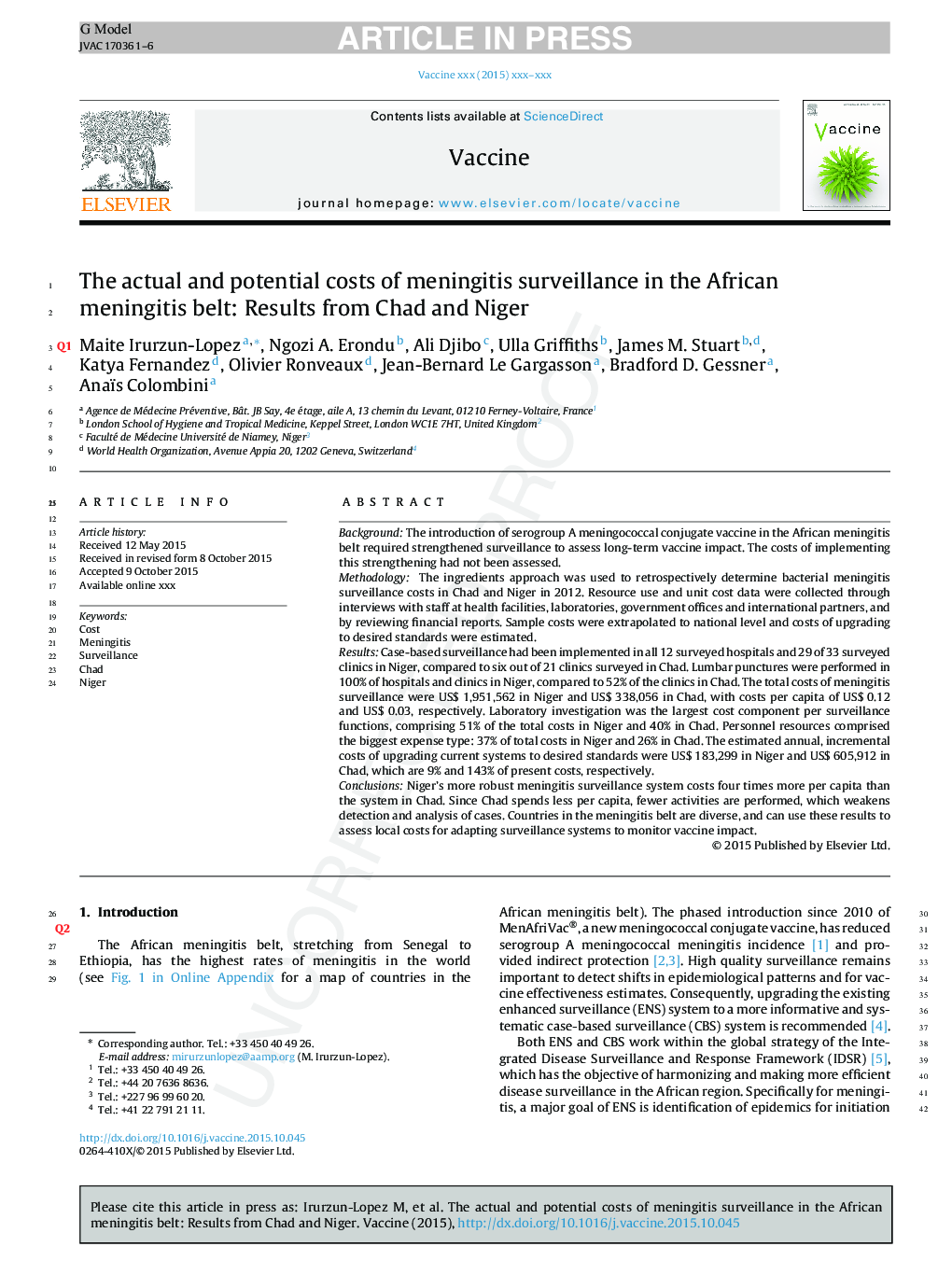 The actual and potential costs of meningitis surveillance in the African meningitis belt: Results from Chad and Niger