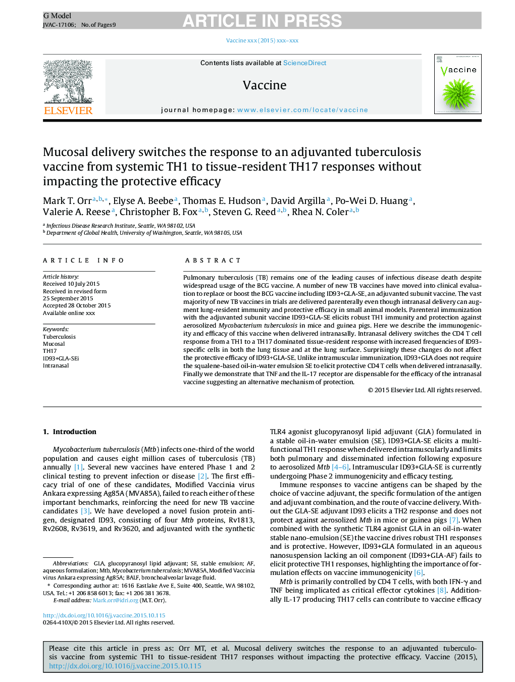 Mucosal delivery switches the response to an adjuvanted tuberculosis vaccine from systemic TH1 to tissue-resident TH17 responses without impacting the protective efficacy