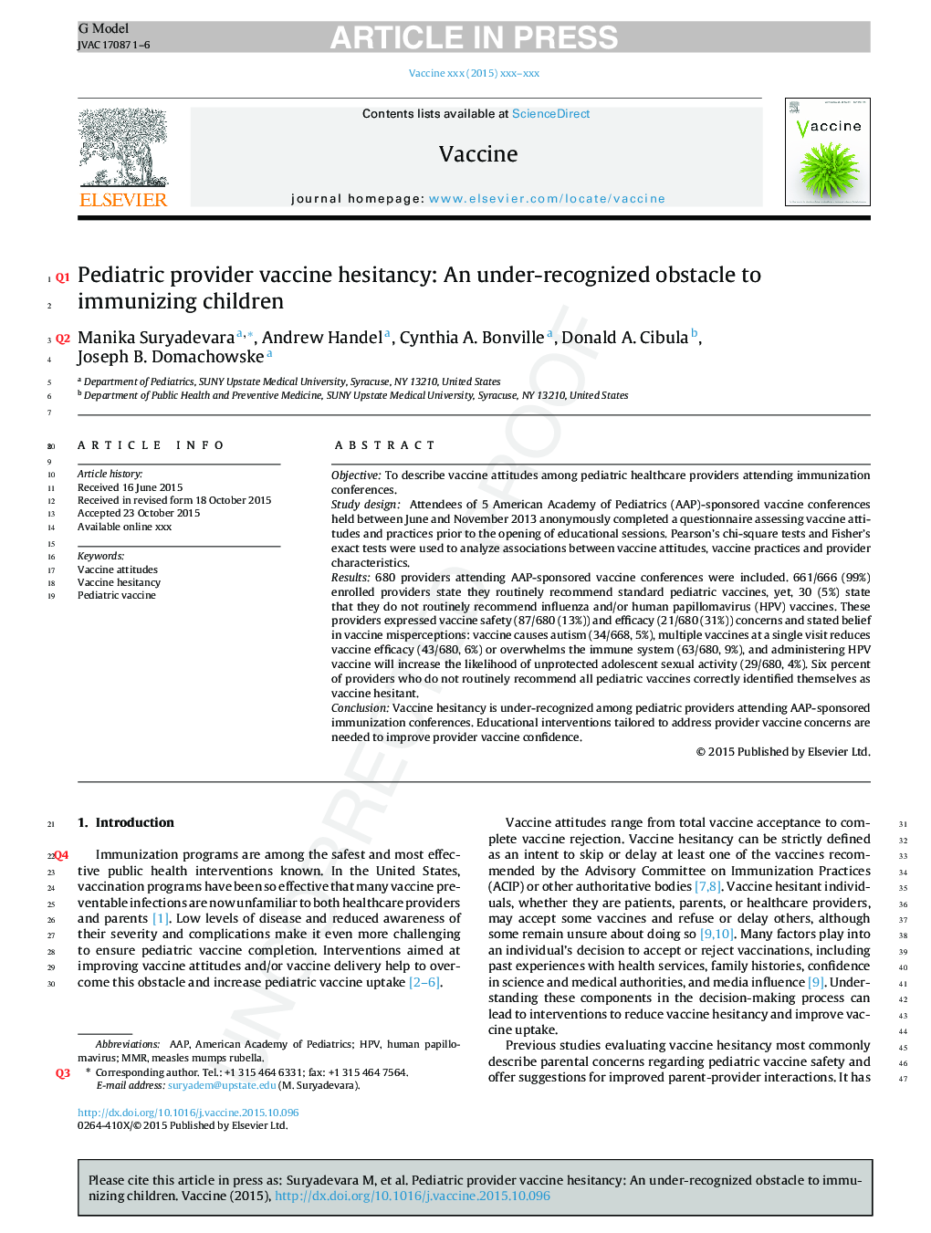 Pediatric provider vaccine hesitancy: An under-recognized obstacle to immunizing children