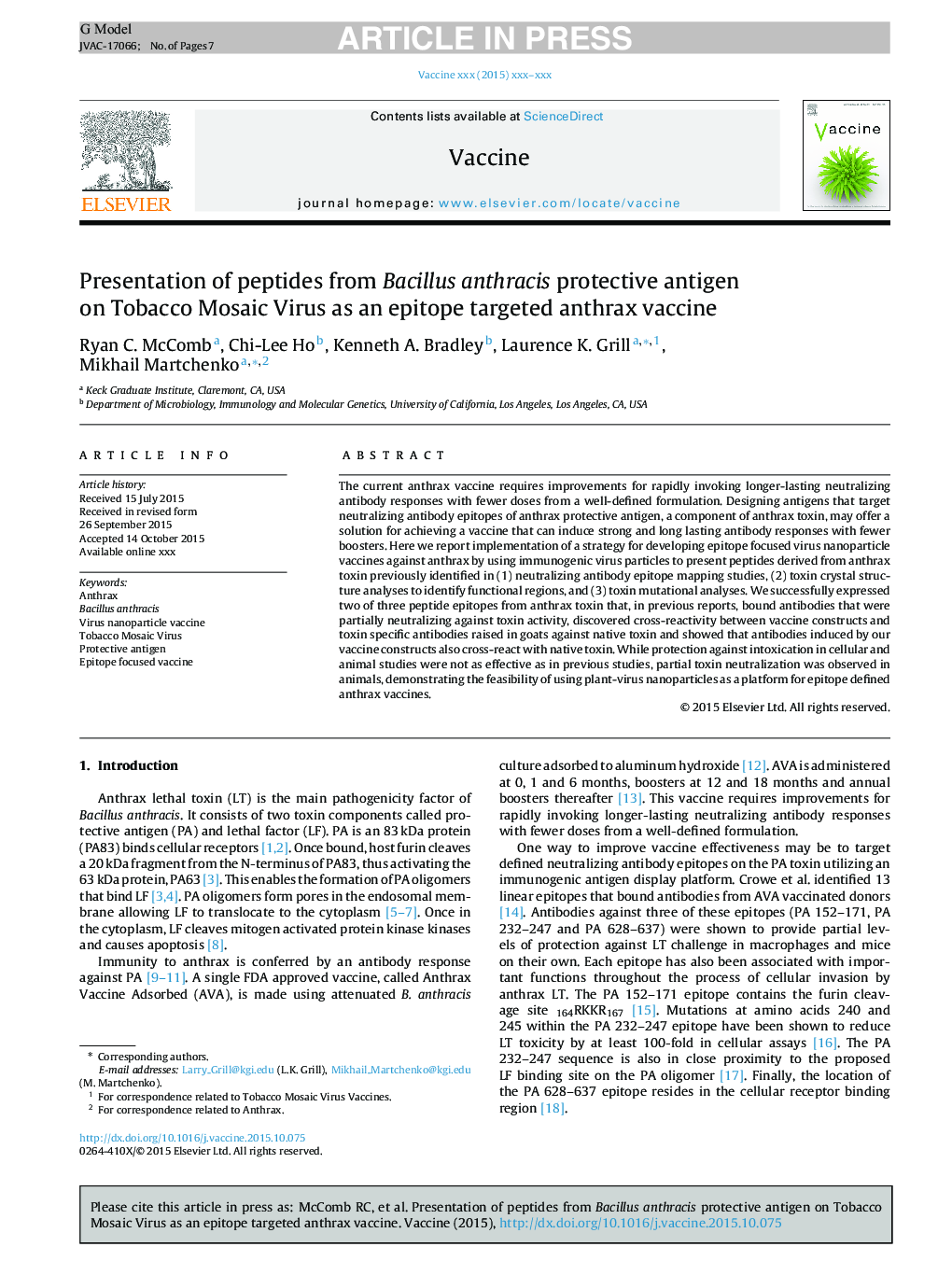 Presentation of peptides from Bacillus anthracis protective antigen on Tobacco Mosaic Virus as an epitope targeted anthrax vaccine