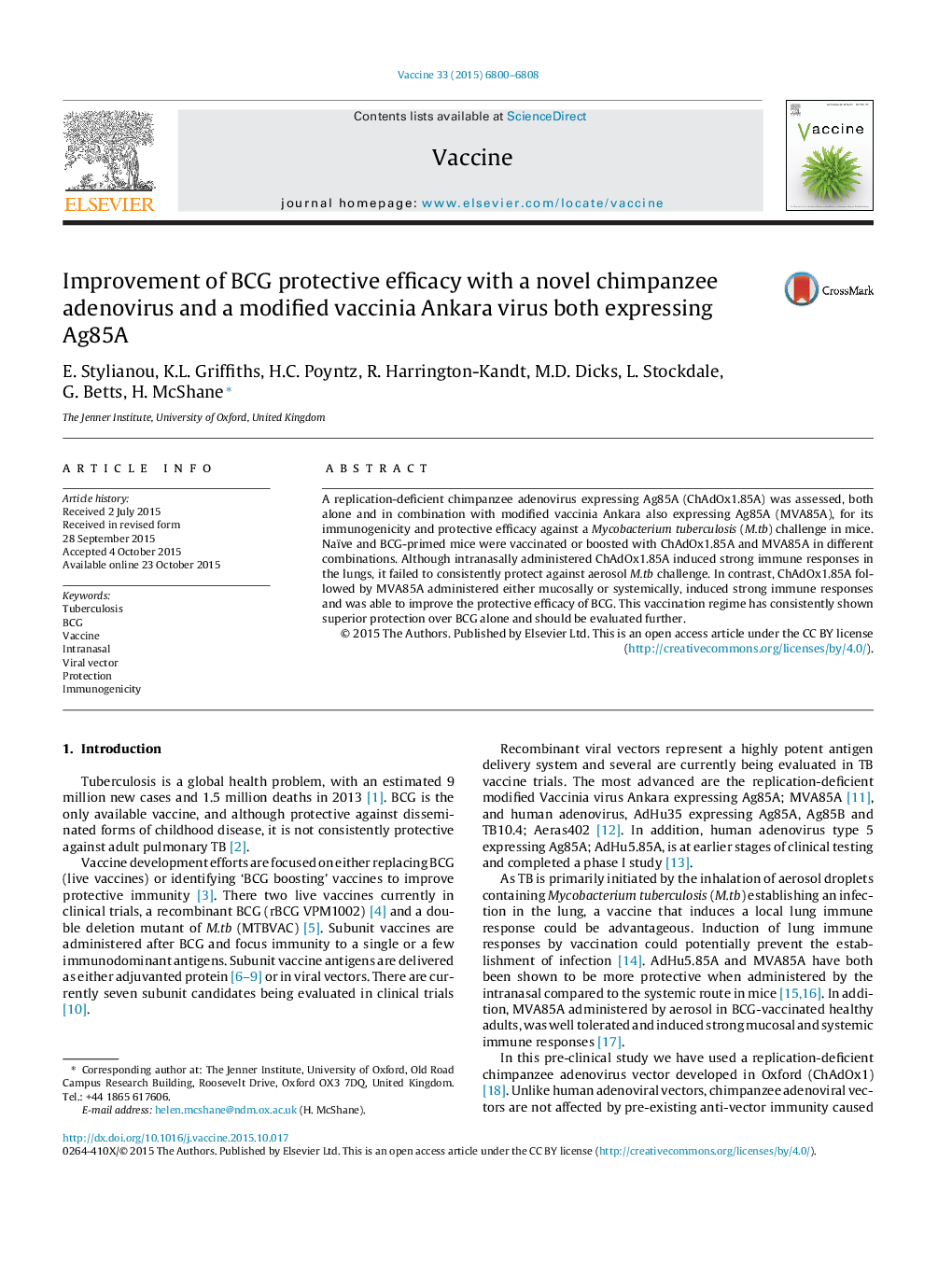 Improvement of BCG protective efficacy with a novel chimpanzee adenovirus and a modified vaccinia Ankara virus both expressing Ag85A