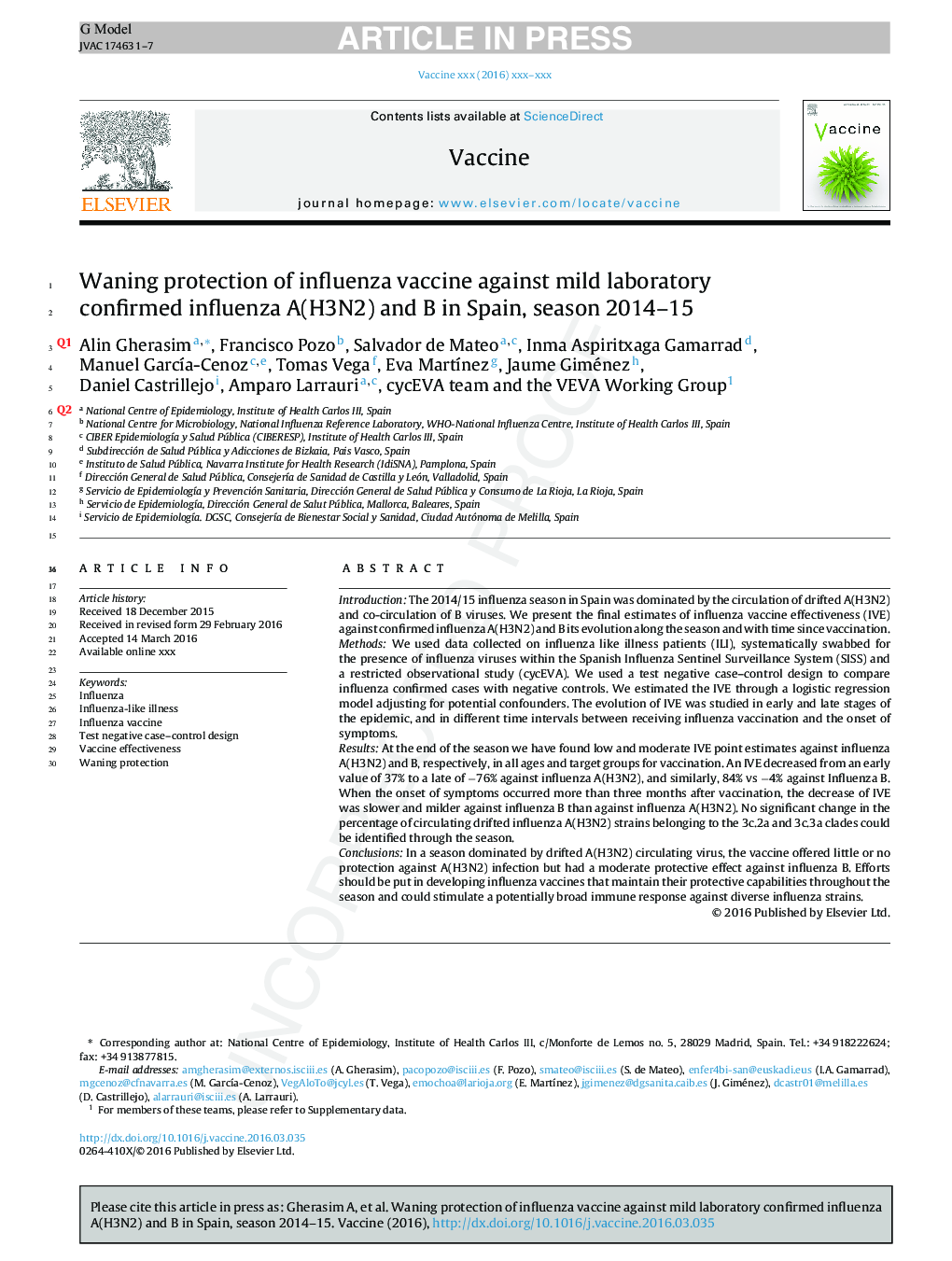 Waning protection of influenza vaccine against mild laboratory confirmed influenza A(H3N2) and B in Spain, season 2014-15