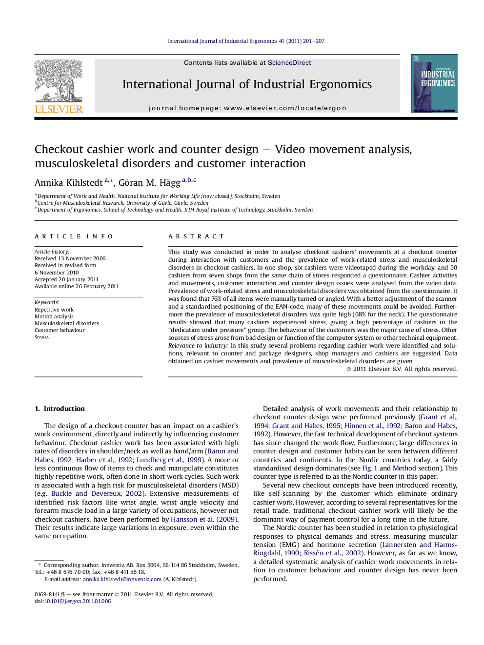 Checkout cashier work and counter design – Video movement analysis, musculoskeletal disorders and customer interaction