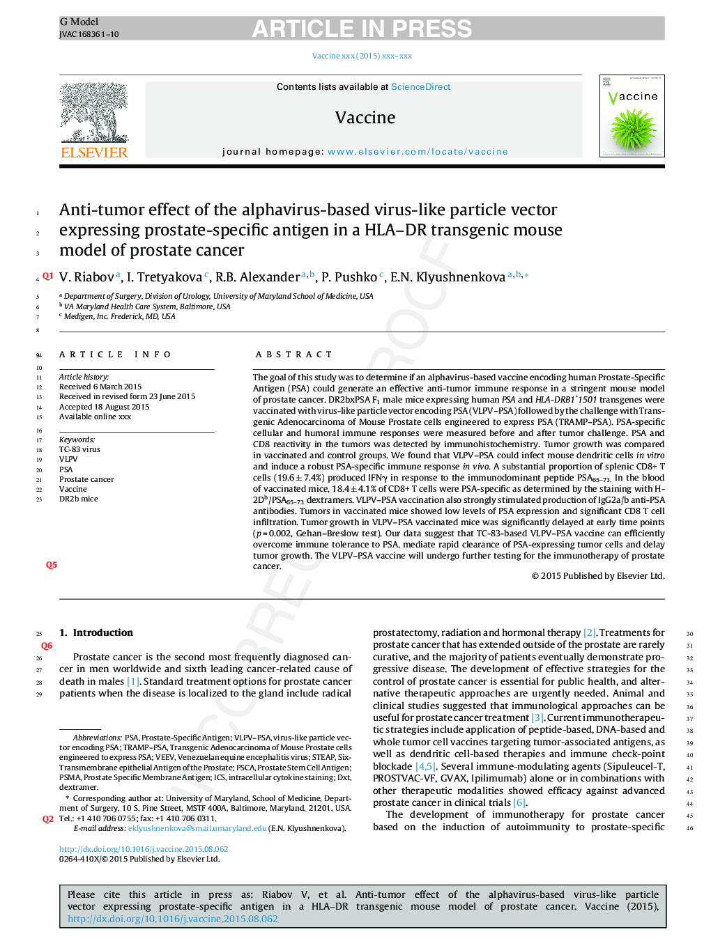 Anti-tumor effect of the alphavirus-based virus-like particle vector expressing prostate-specific antigen in a HLA-DR transgenic mouse model of prostate cancer