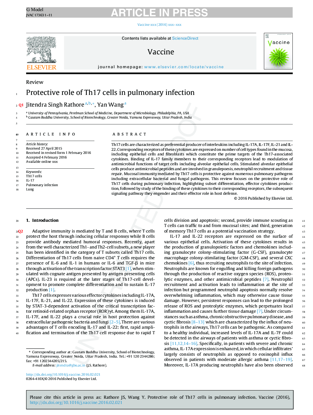 Protective role of Th17 cells in pulmonary infection