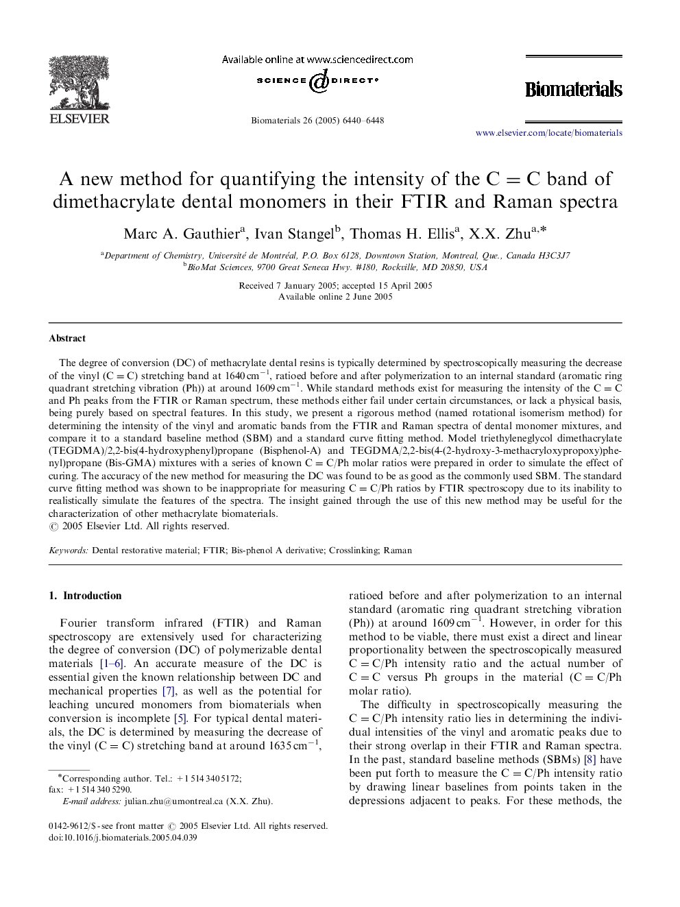 A new method for quantifying the intensity of the C=C band of dimethacrylate dental monomers in their FTIR and Raman spectra