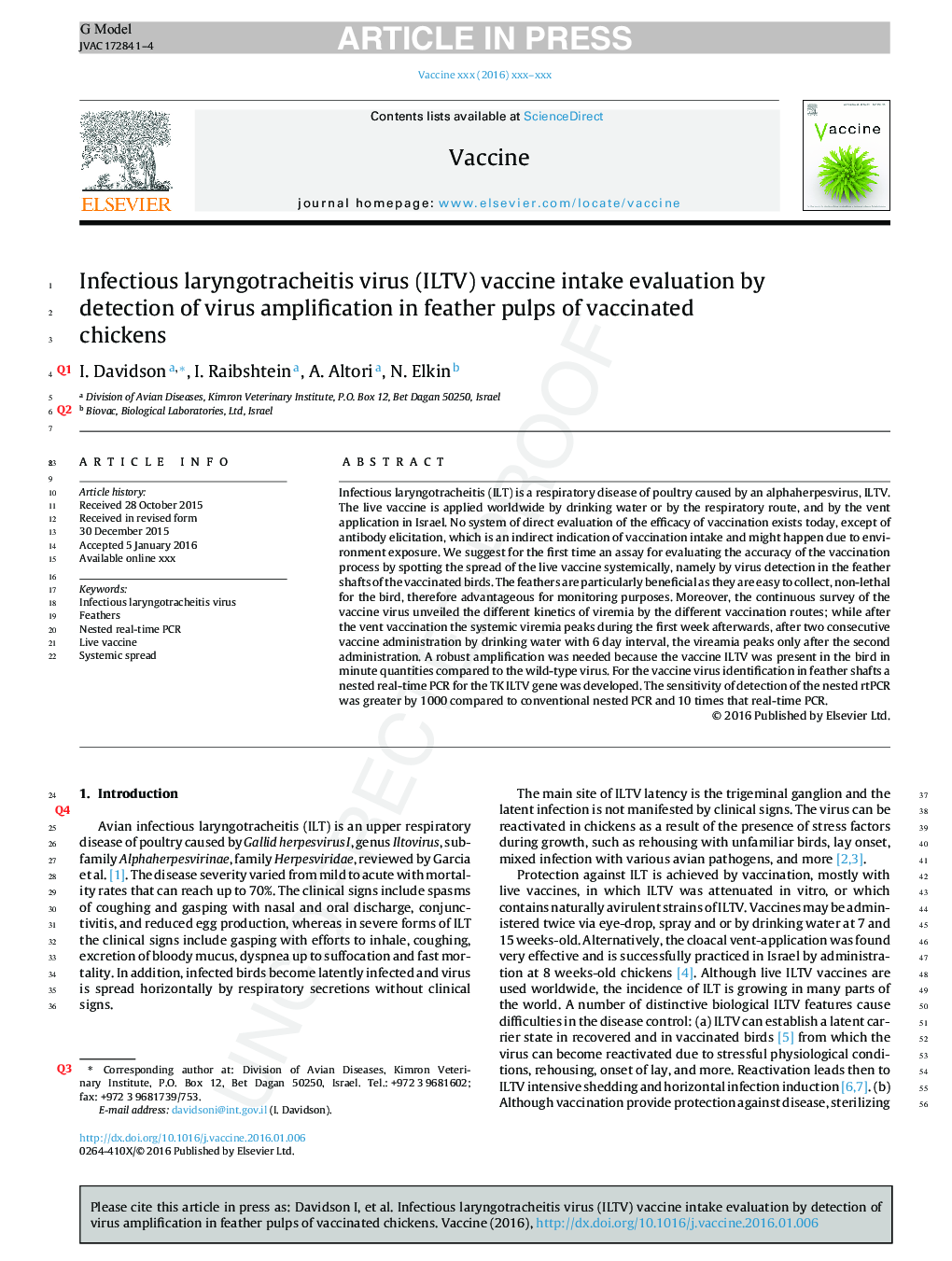 Infectious laryngotracheitis virus (ILTV) vaccine intake evaluation by detection of virus amplification in feather pulps of vaccinated chickens