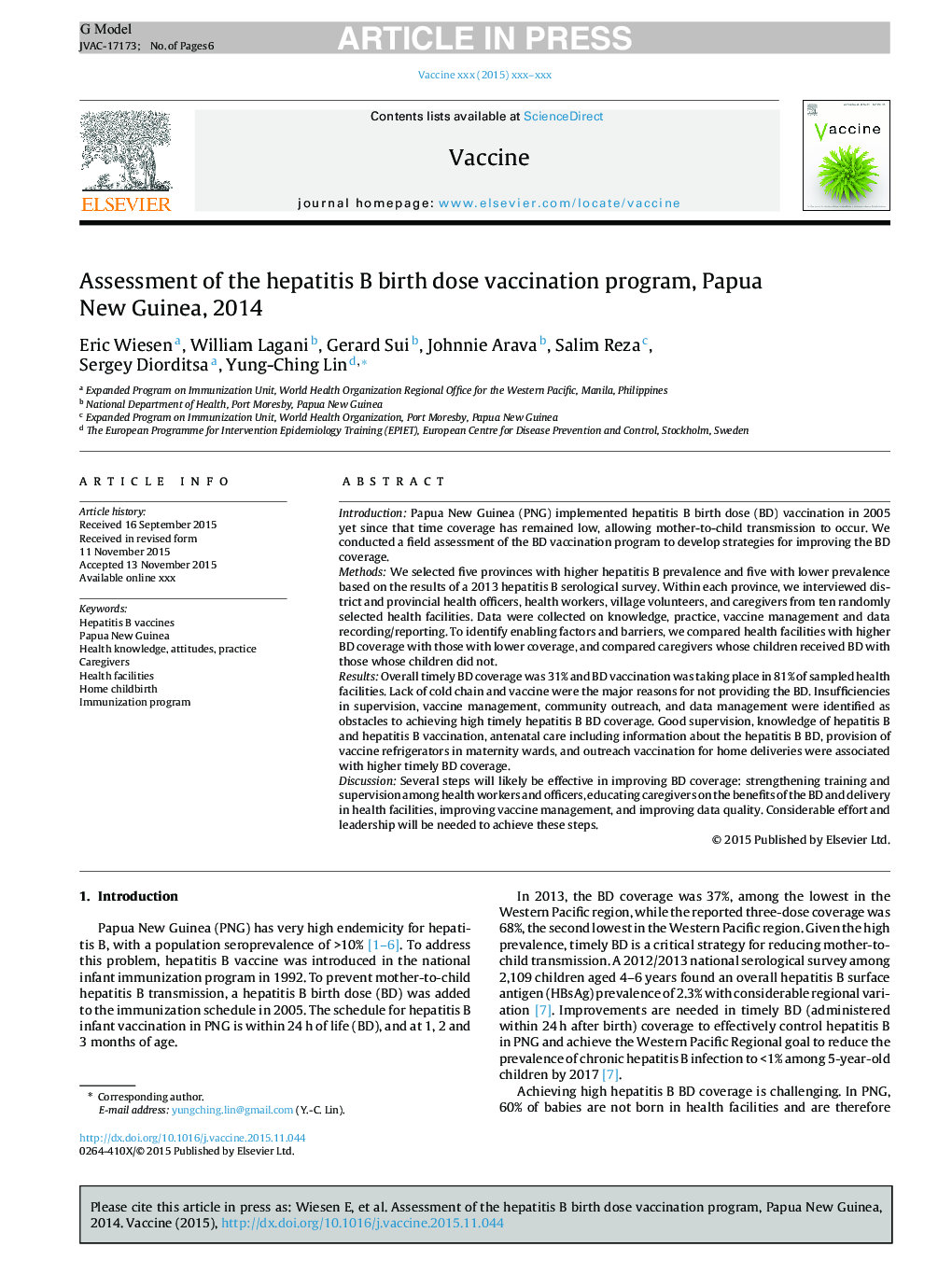 Assessment of the hepatitis B birth dose vaccination program, Papua New Guinea, 2014