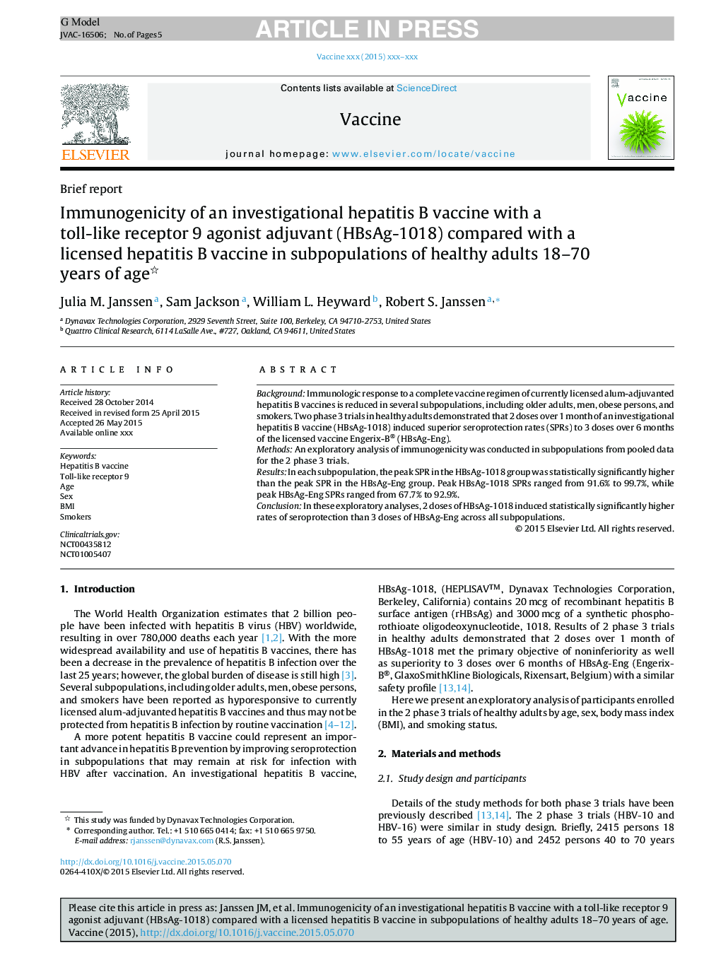 Immunogenicity of an investigational hepatitis B vaccine with a toll-like receptor 9 agonist adjuvant (HBsAg-1018) compared with a licensed hepatitis B vaccine in subpopulations of healthy adults 18-70 years of age