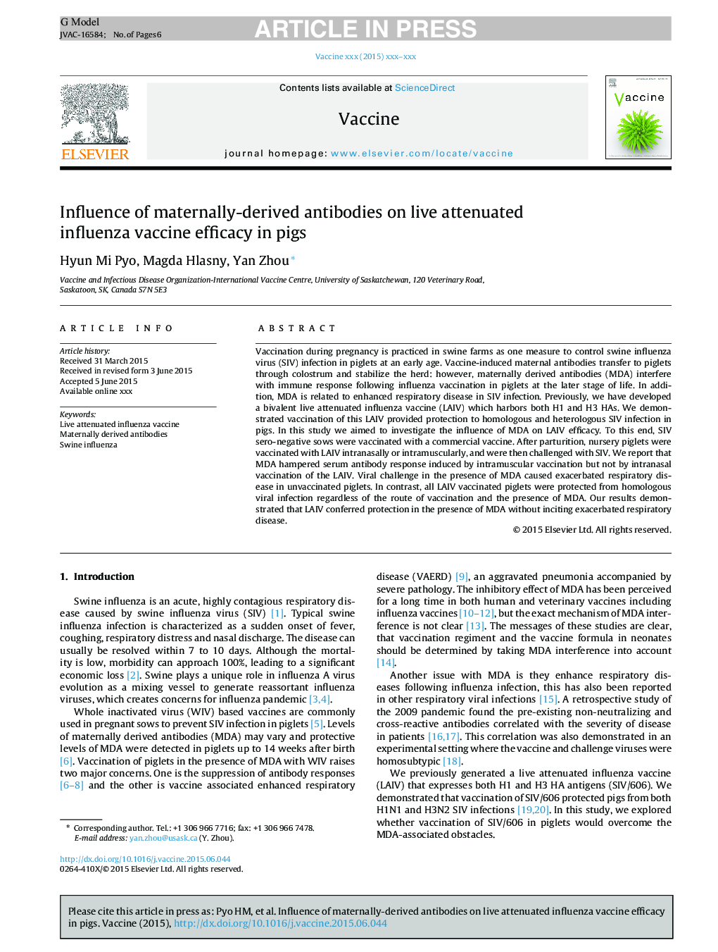 Influence of maternally-derived antibodies on live attenuated influenza vaccine efficacy in pigs