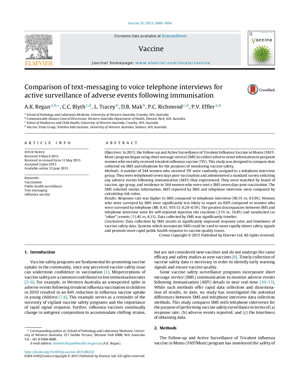 Comparison of text-messaging to voice telephone interviews for active surveillance of adverse events following immunisation