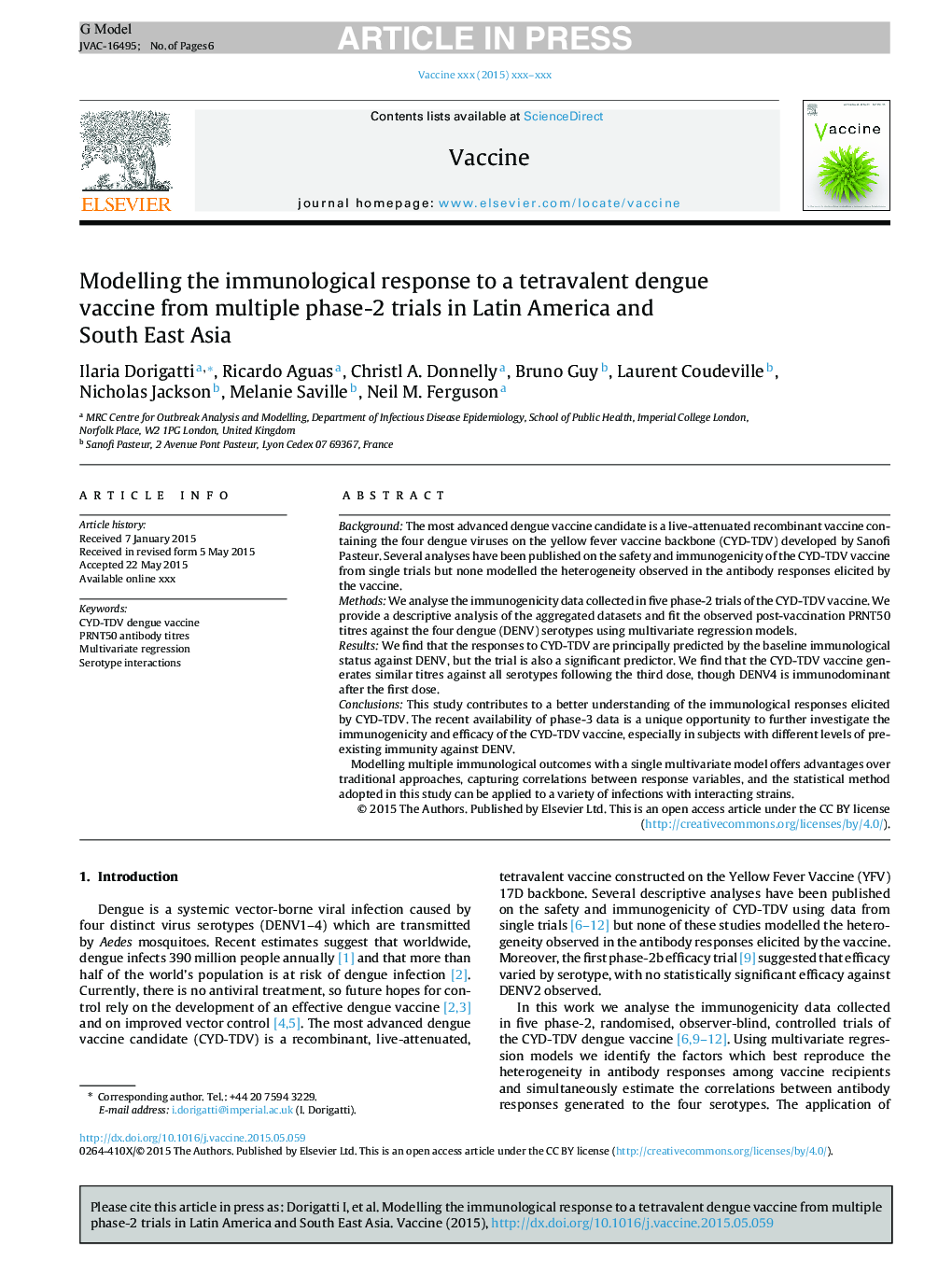 مدل سازی واکنش ایمونولوژیک به یک واکسن چهار نفره دنگی از آزمایشات چند مرحله ای در آمریکای لاتین و جنوب شرقی آسیا 