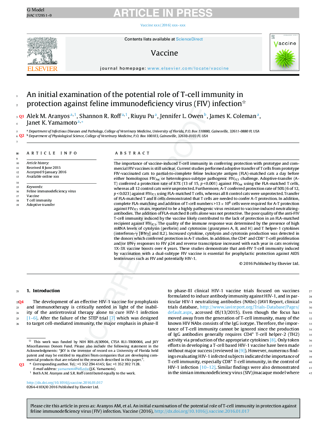 An initial examination of the potential role of T-cell immunity in protection against feline immunodeficiency virus (FIV) infection