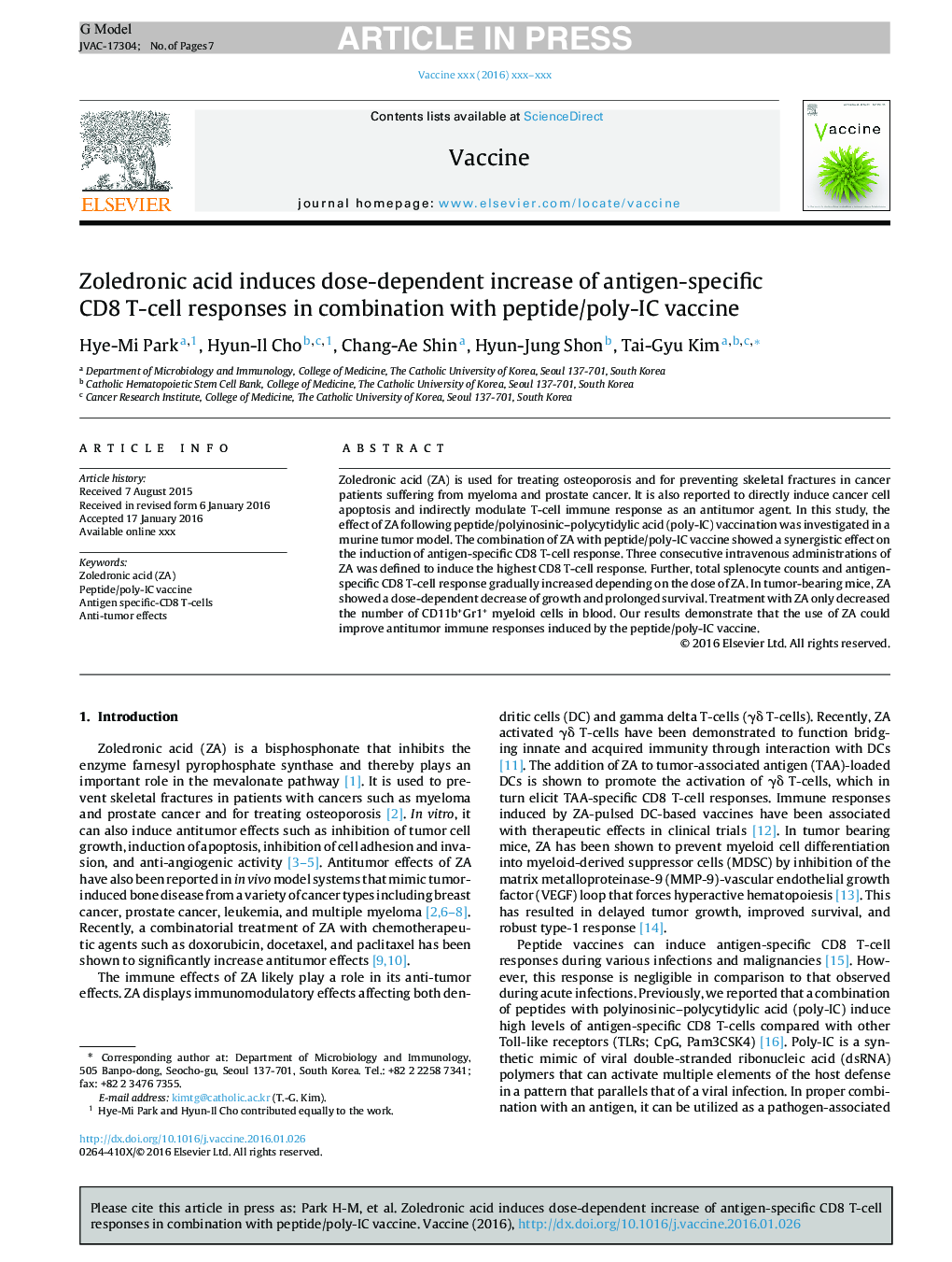 Zoledronic acid induces dose-dependent increase of antigen-specific CD8 T-cell responses in combination with peptide/poly-IC vaccine