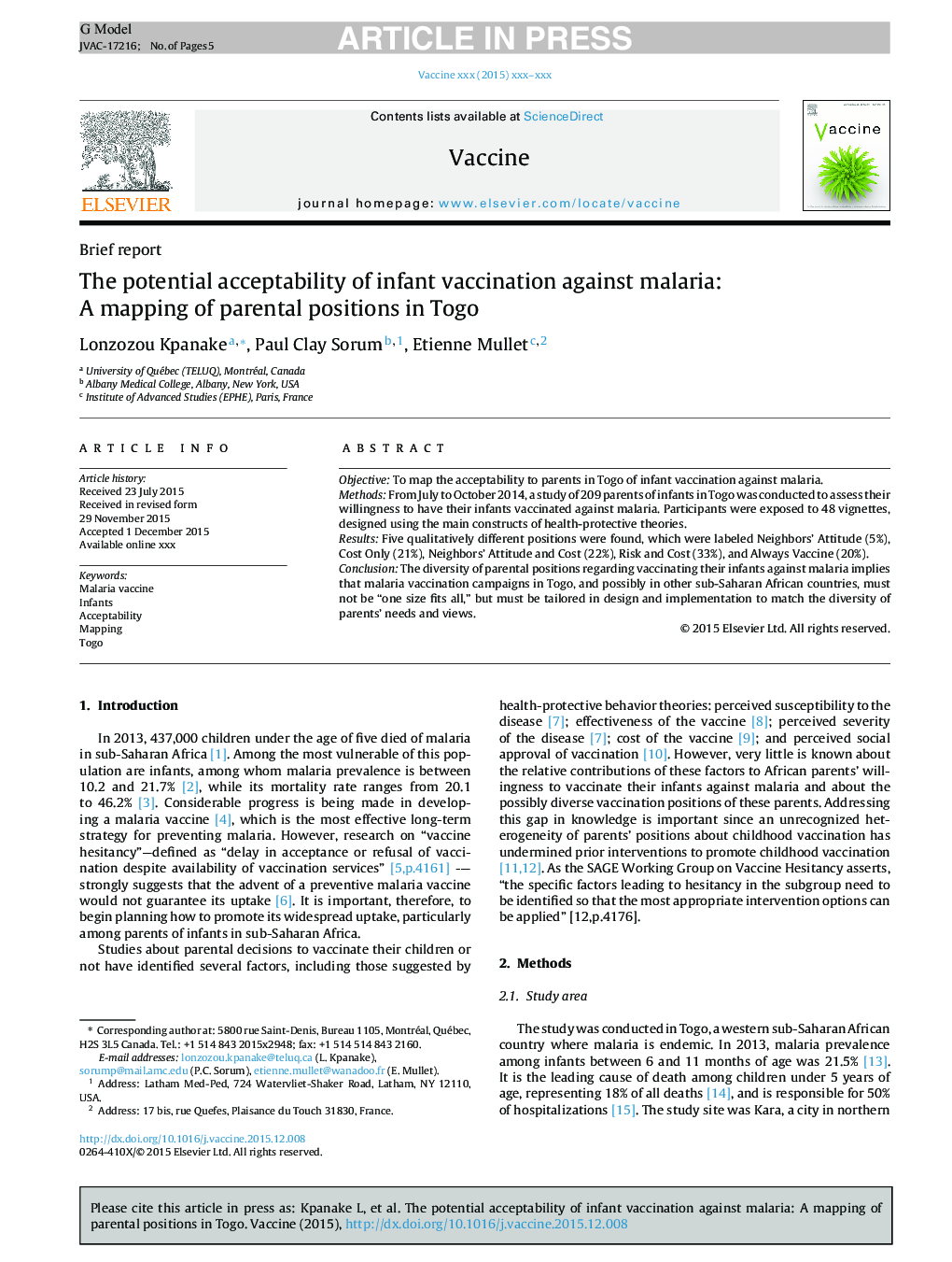 The potential acceptability of infant vaccination against malaria: A mapping of parental positions in Togo