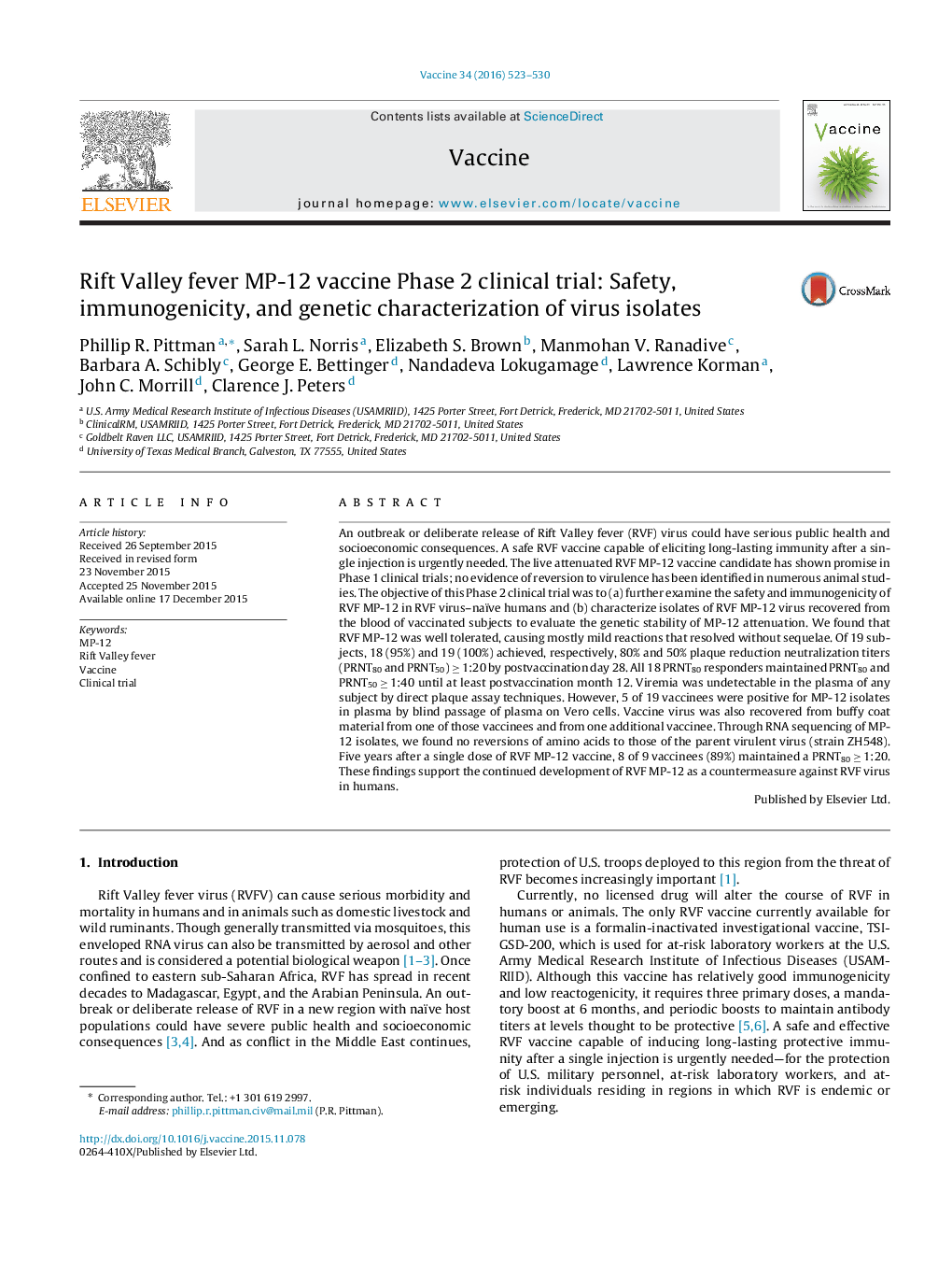 Rift Valley fever MP-12 vaccine Phase 2 clinical trial: Safety, immunogenicity, and genetic characterization of virus isolates