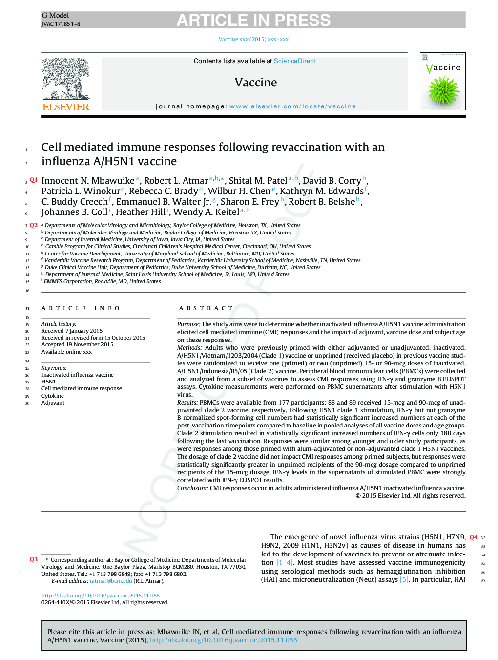 Cell mediated immune responses following revaccination with an influenza A/H5N1 vaccine