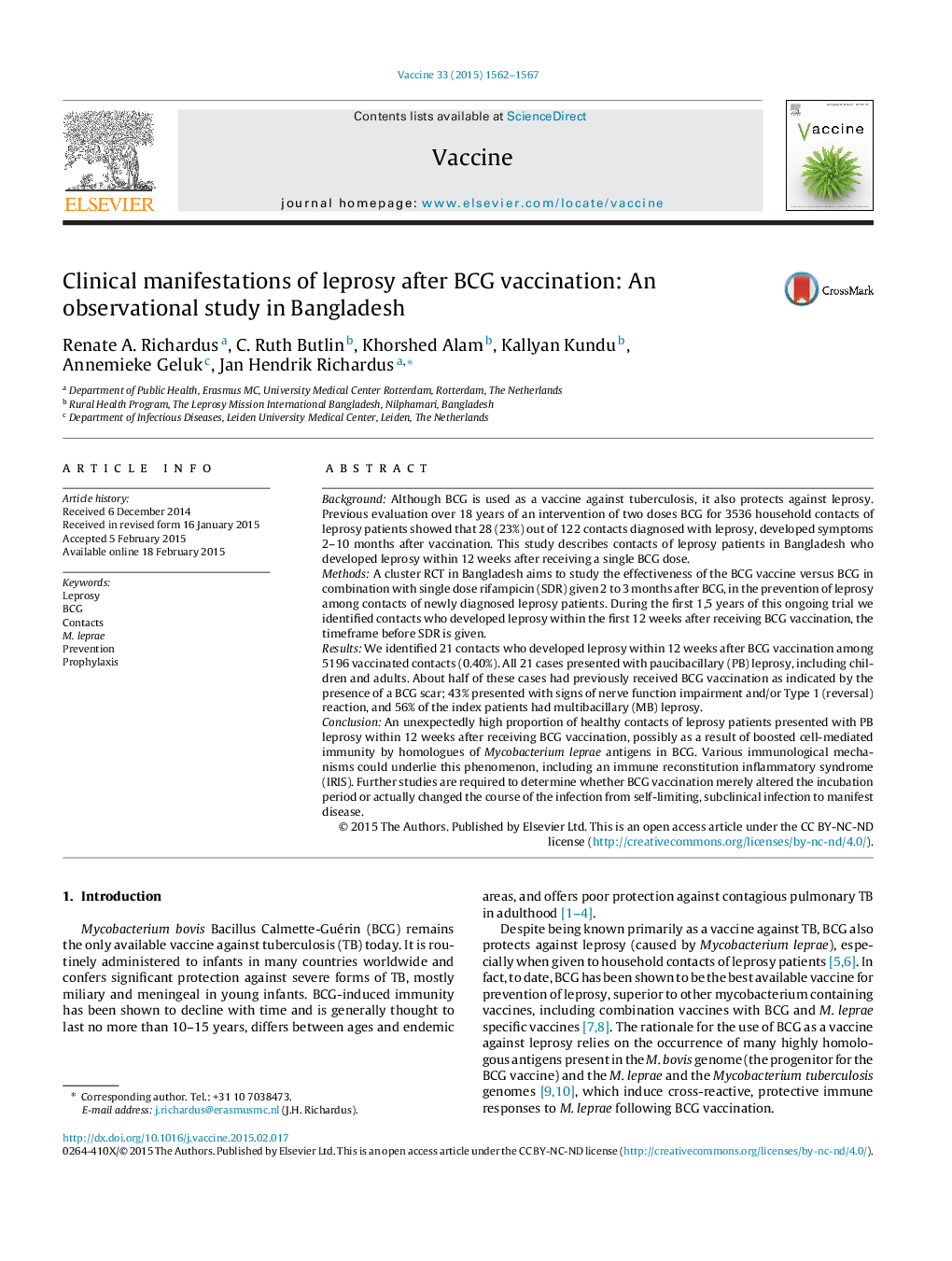 Clinical manifestations of leprosy after BCG vaccination: An observational study in Bangladesh