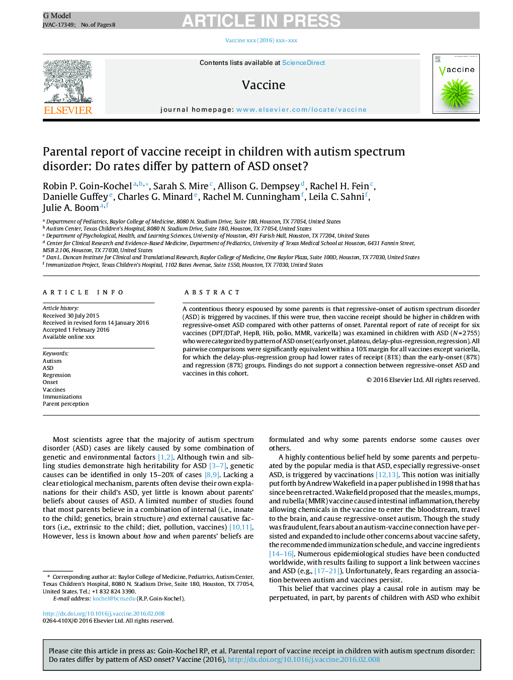 Parental report of vaccine receipt in children with autism spectrum disorder: Do rates differ by pattern of ASD onset?