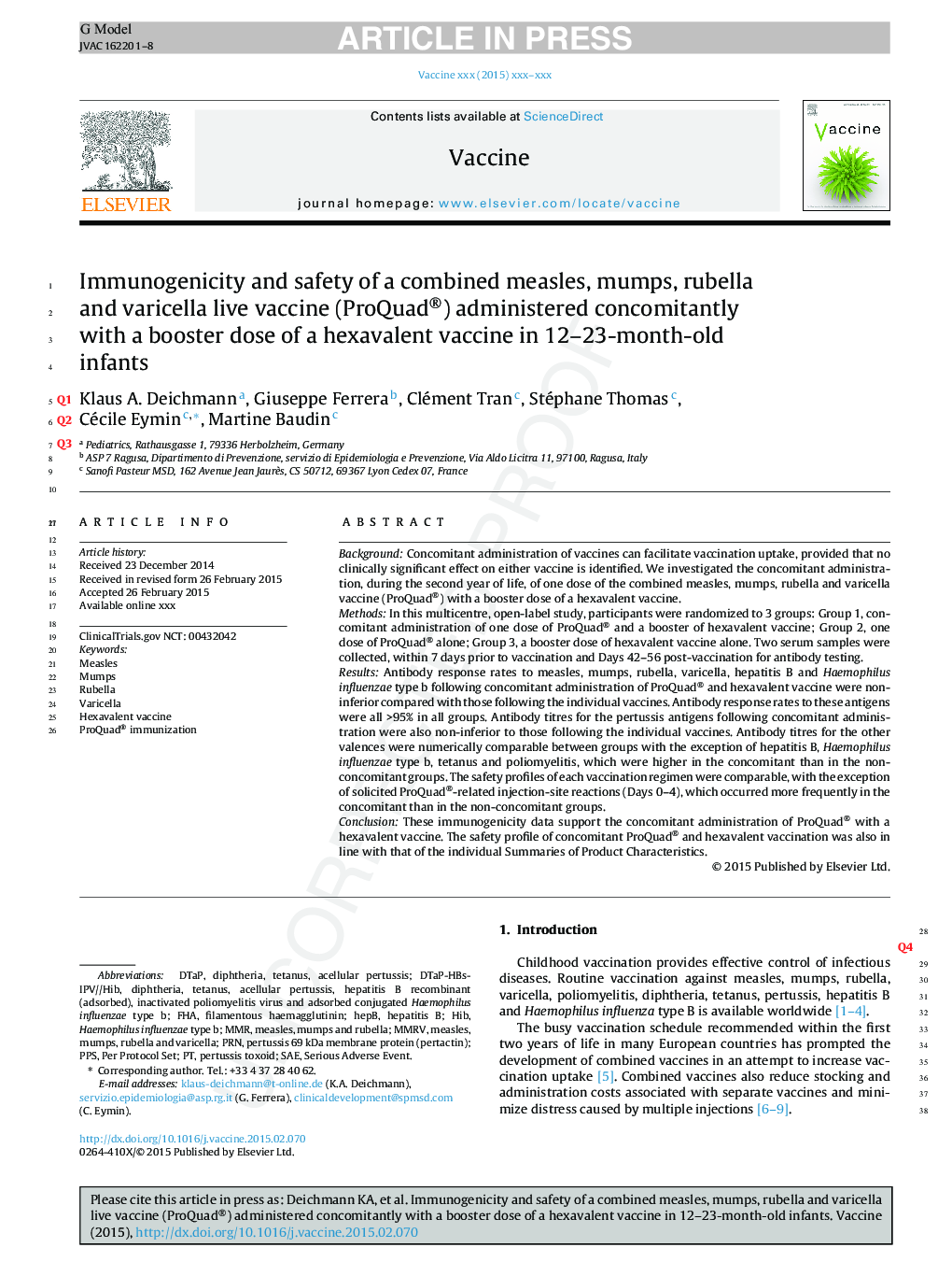 Immunogenicity and safety of a combined measles, mumps, rubella and varicella live vaccine (ProQuad®) administered concomitantly with a booster dose of a hexavalent vaccine in 12-23-month-old infants