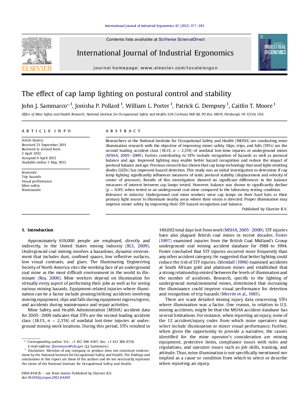 The effect of cap lamp lighting on postural control and stability