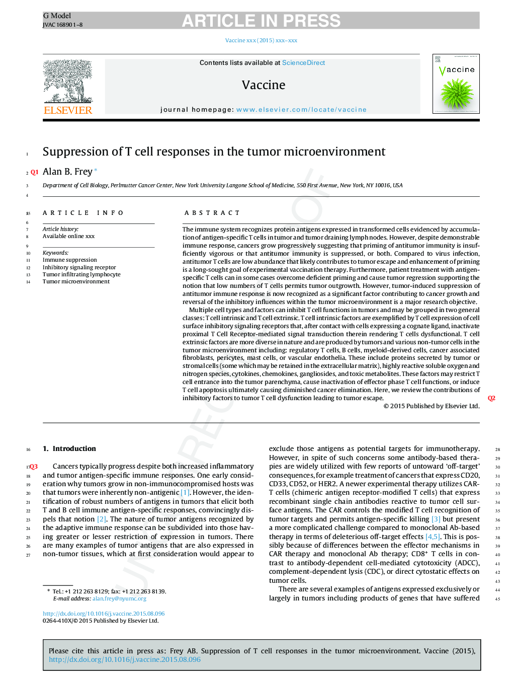 Suppression of T cell responses in the tumor microenvironment