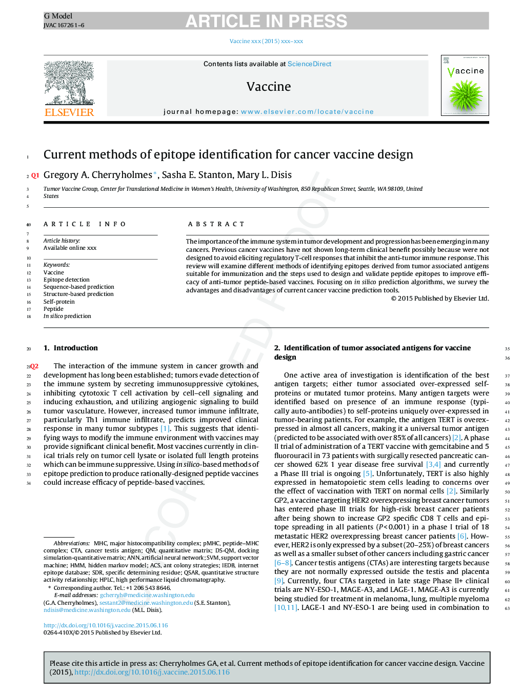 Current methods of epitope identification for cancer vaccine design