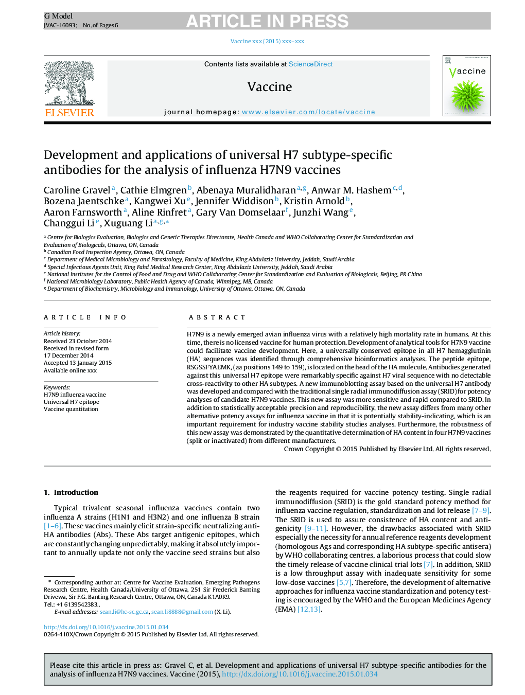 Development and applications of universal H7 subtype-specific antibodies for the analysis of influenza H7N9 vaccines